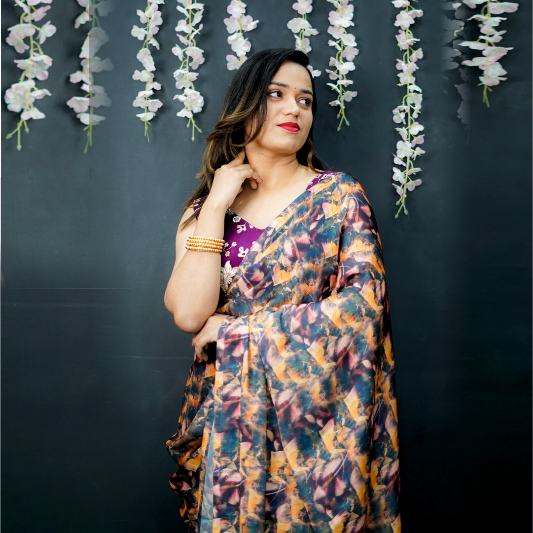Readymade Saree with Designer Blouse V-Neck Style