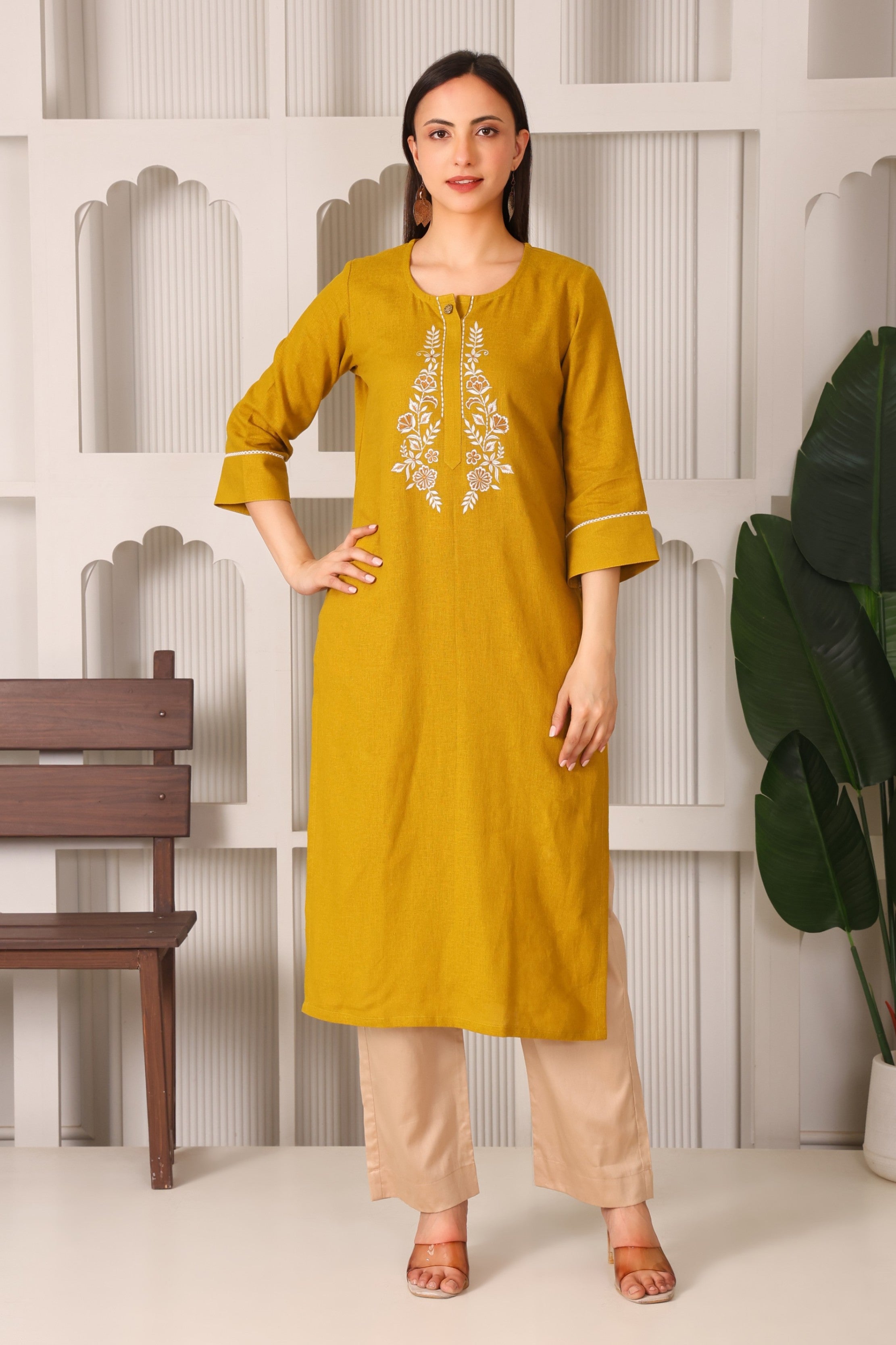 Classic Charm Linen Straight Kurta Set with Embroidery