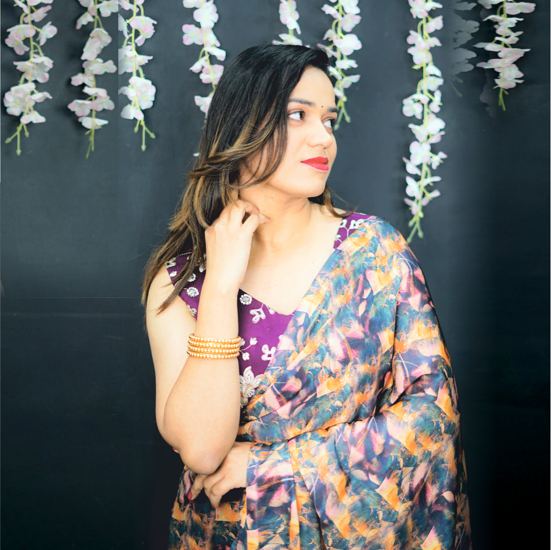 Readymade Saree with Designer Blouse V-Neck Style