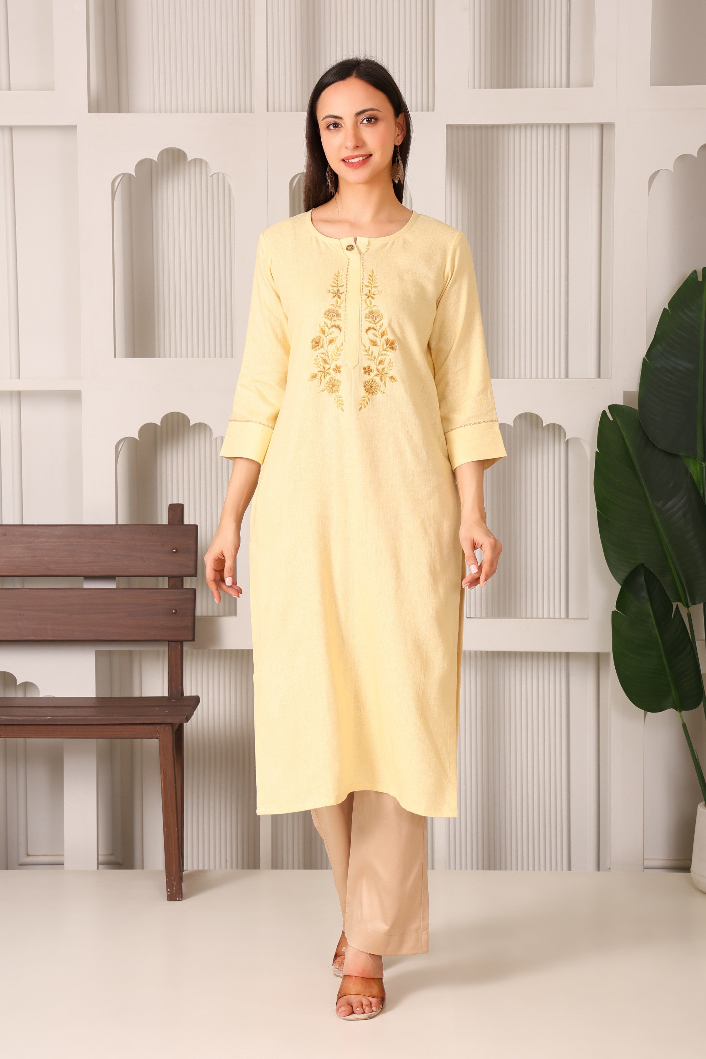 Linen Front Embroidery Kurta Set
