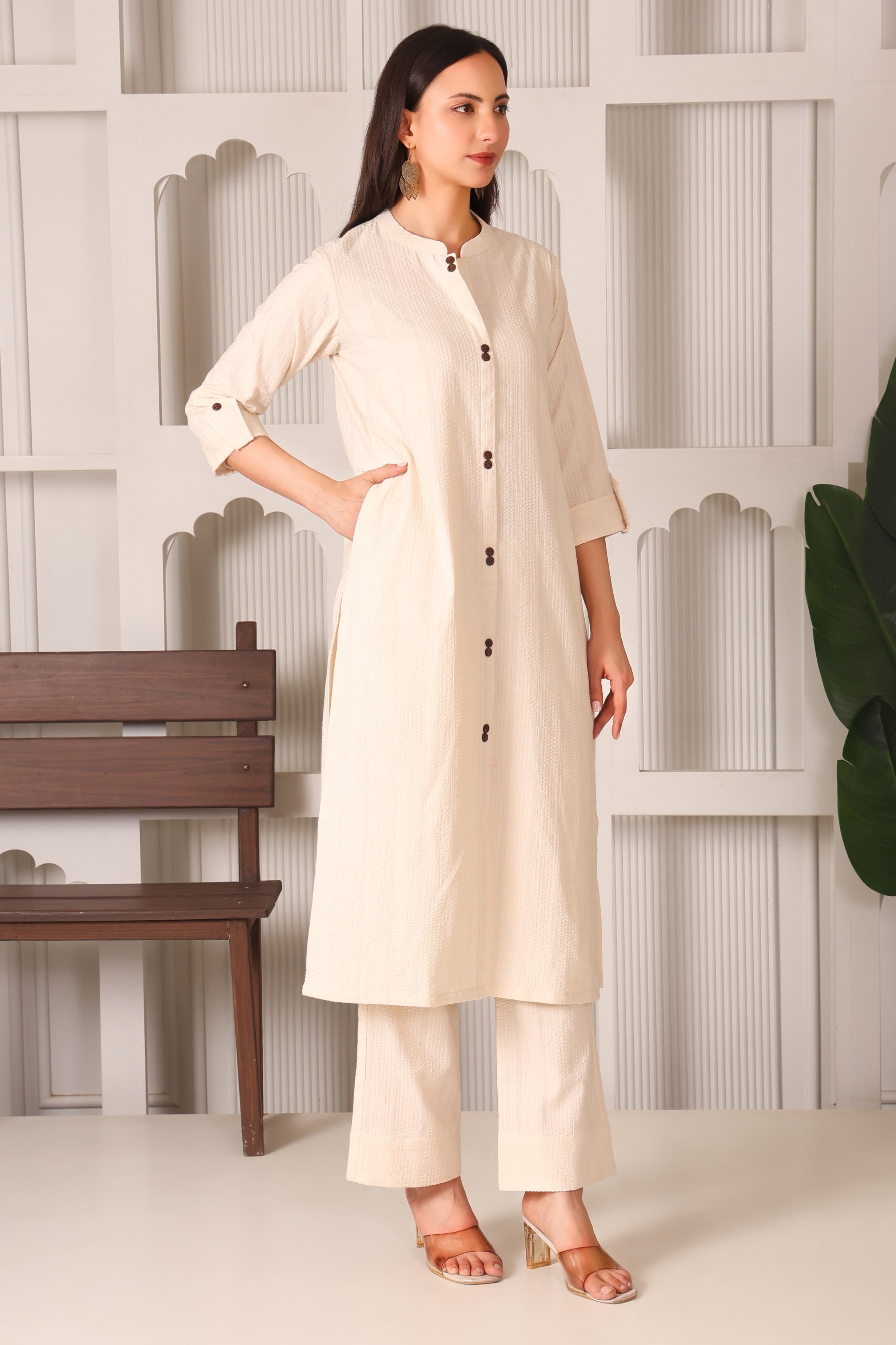 Graceful Cotton A-Line Kurta Set with Mandarin Collar