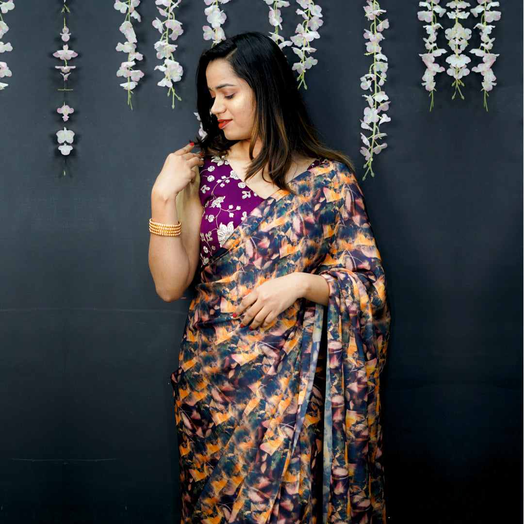 Readymade Saree with Designer Blouse V-Neck Style