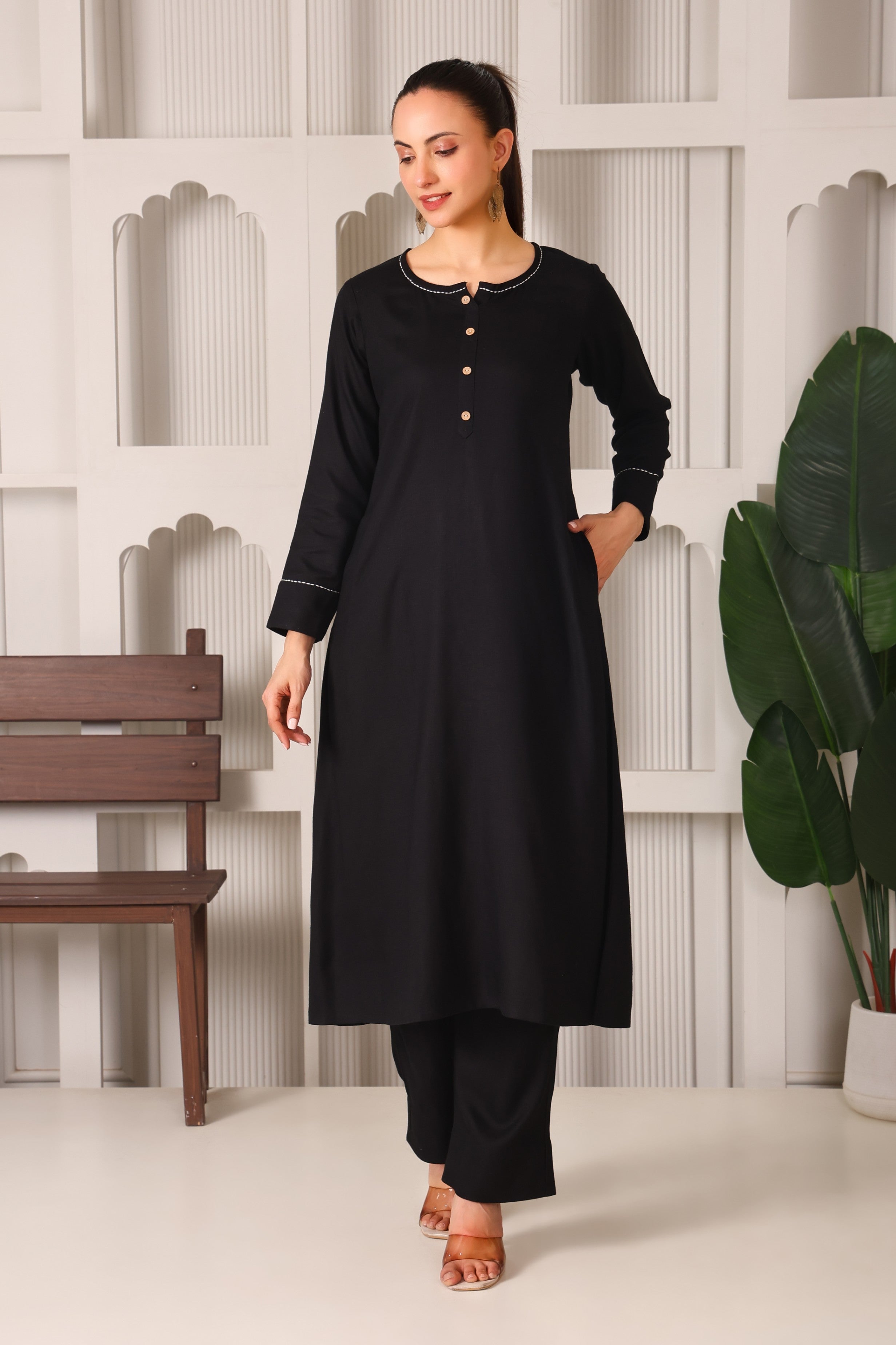 Linen A-Line Kurta Set with Back Embroidery