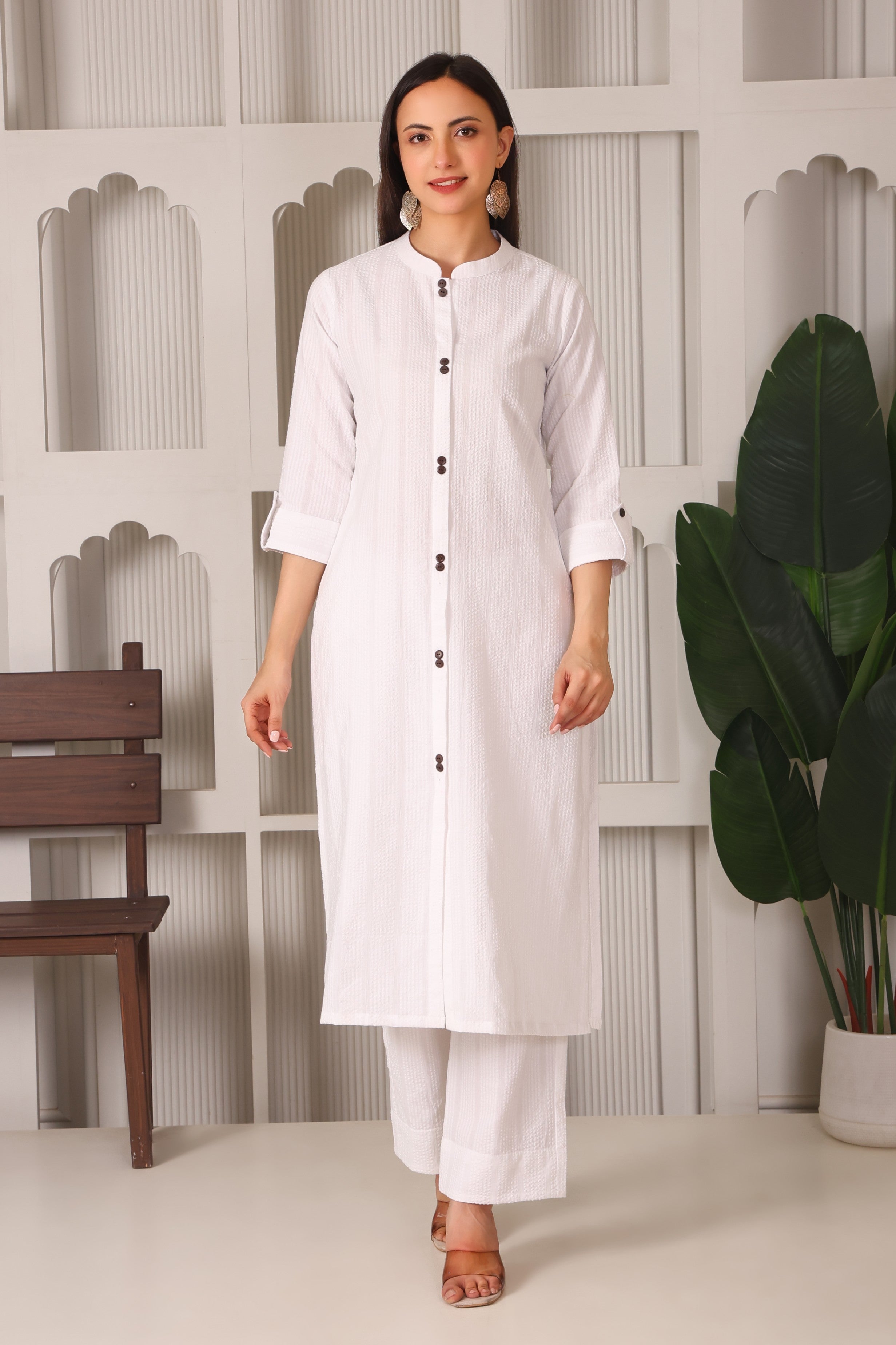 Cotton A-Line Kurta Set with Chinese Collar