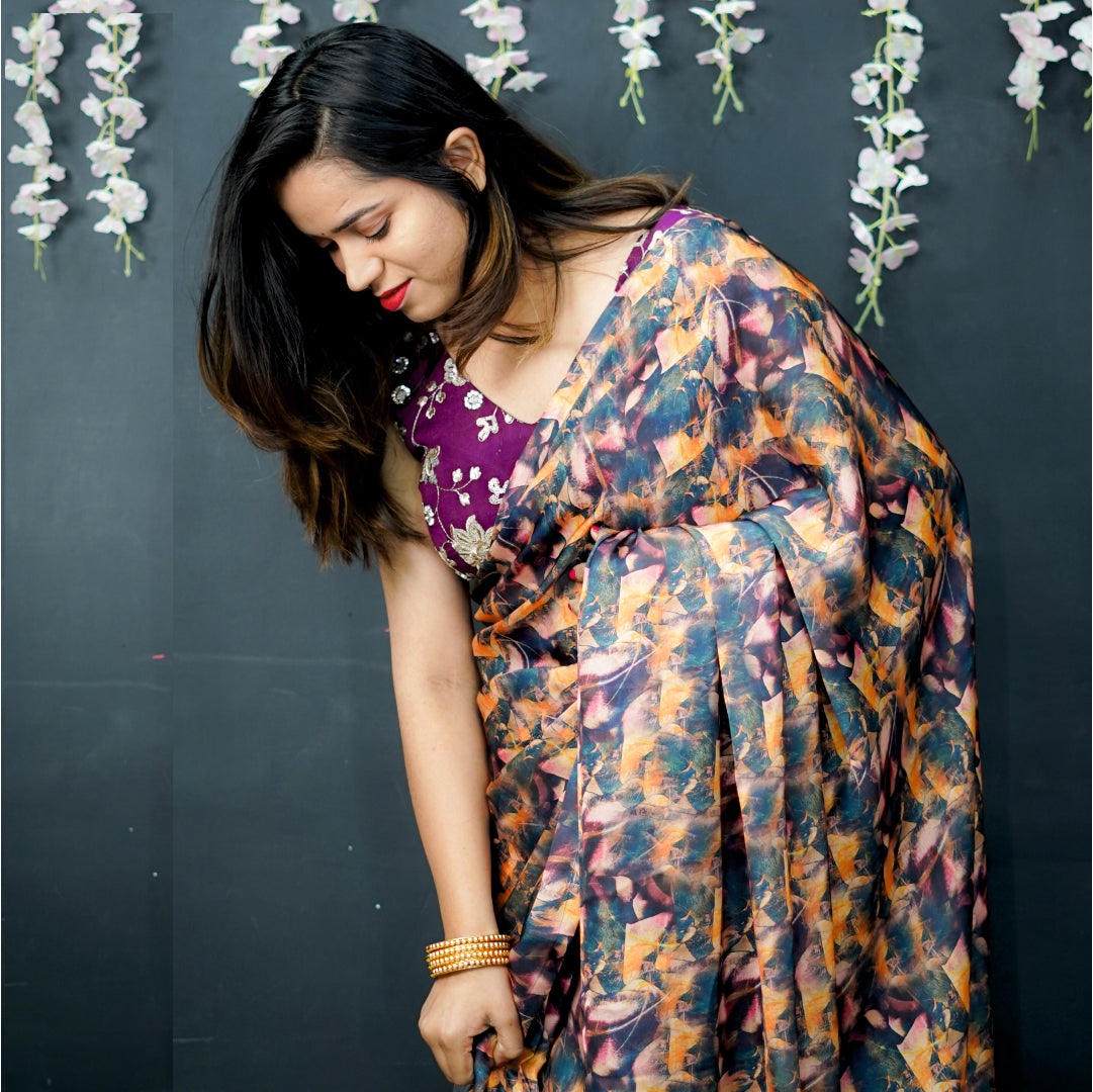 Readymade Saree with Designer Blouse V-Neck Style