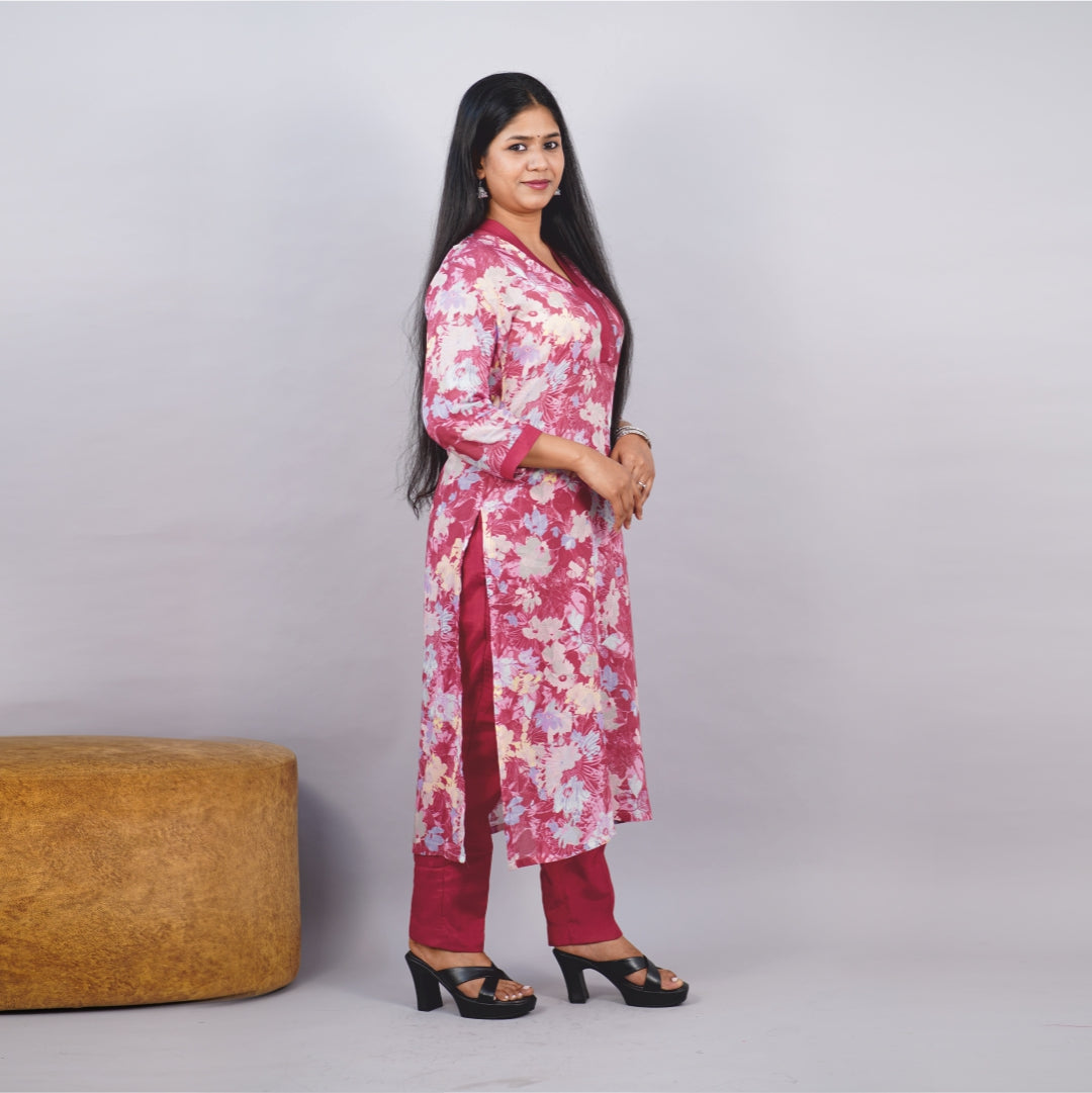 Kurti V-Neck Fabric Shifon Malal