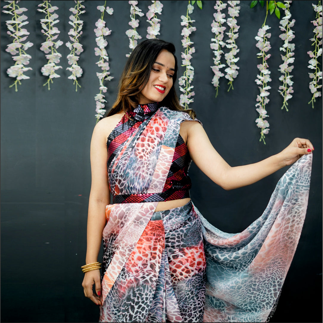 Readymade Saree with Designer Blouse Halter Style