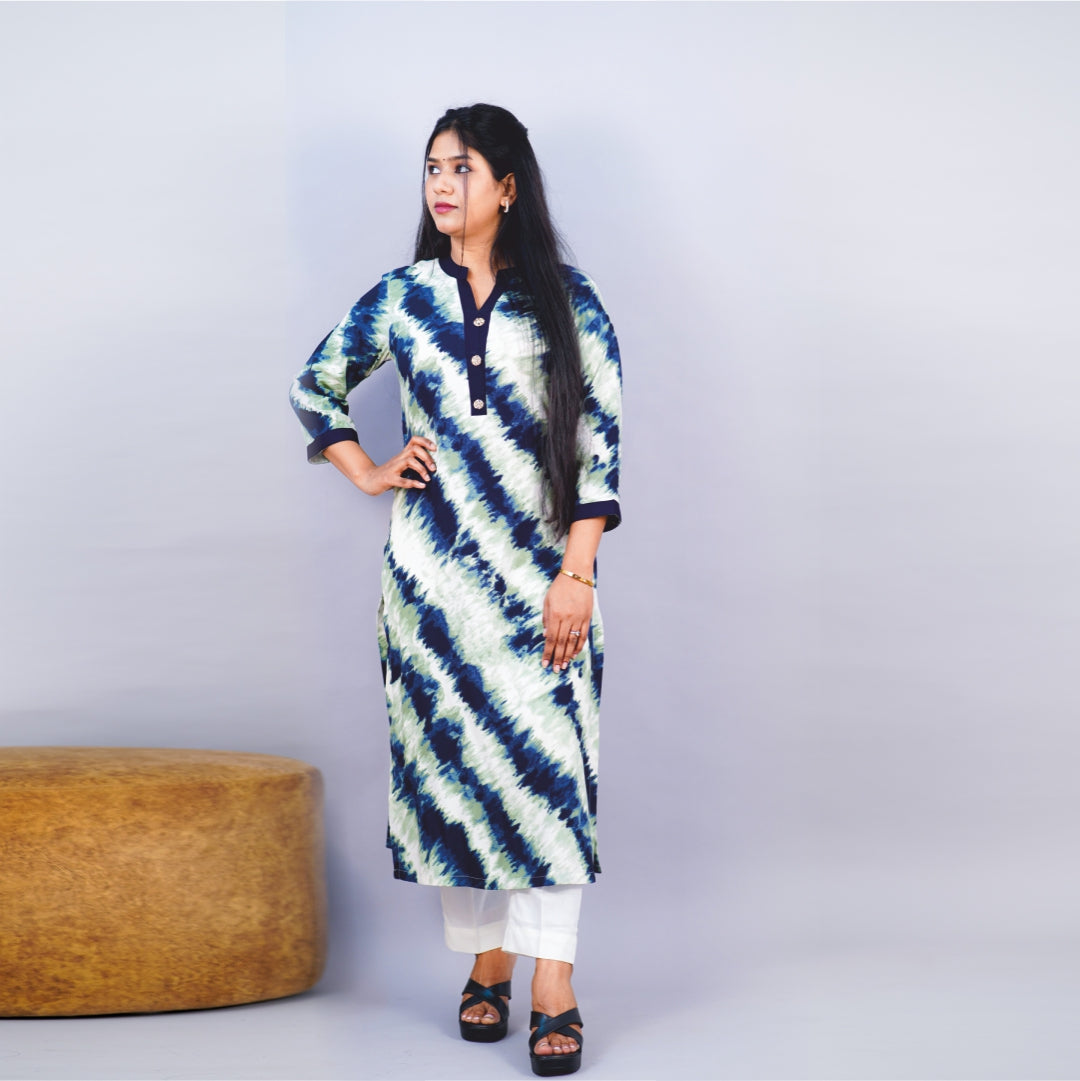 Kurti Chinese collar Fabric Ryon Print Tie & dye