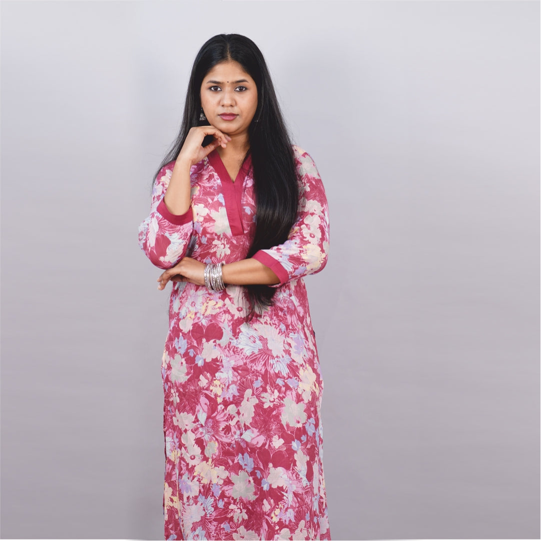Kurti V-Neck Fabric Shifon Malal
