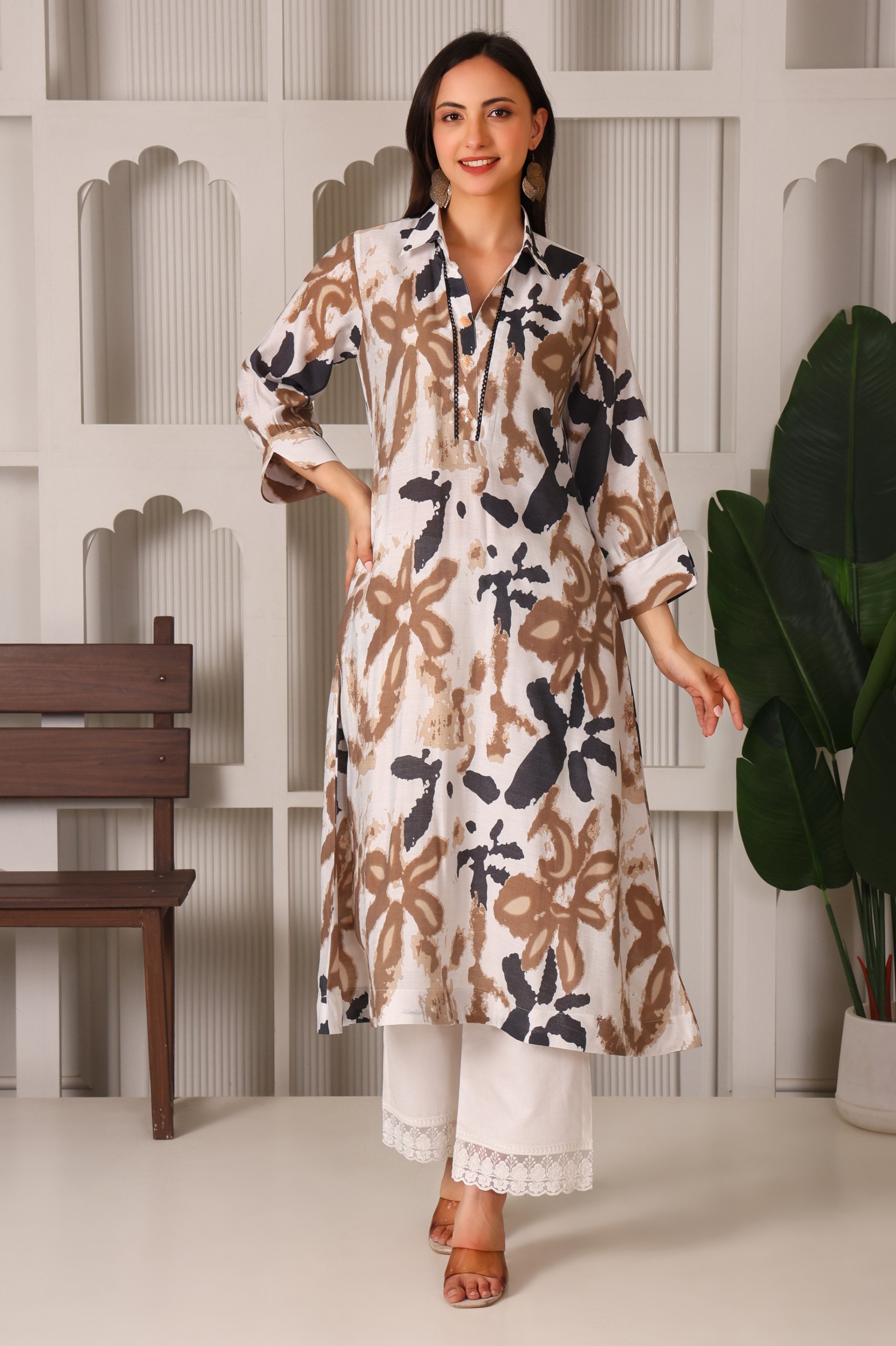 Chic Cotton Linen Shirt Collar Kurta Set