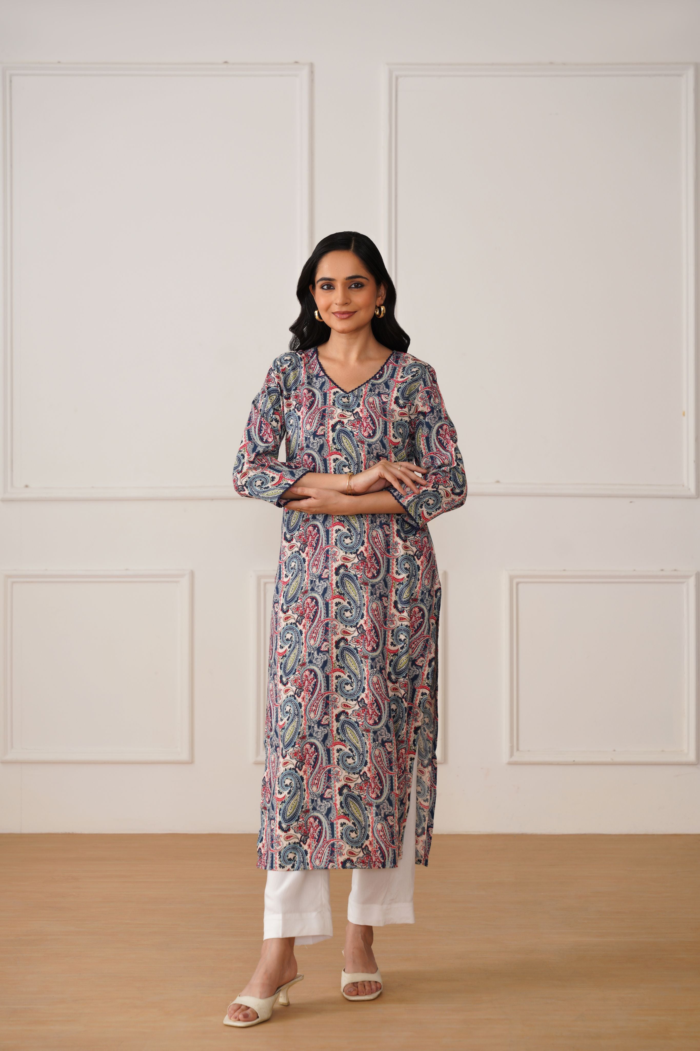 V-Neck Kurti in Morpankhi Rayon Fabric
