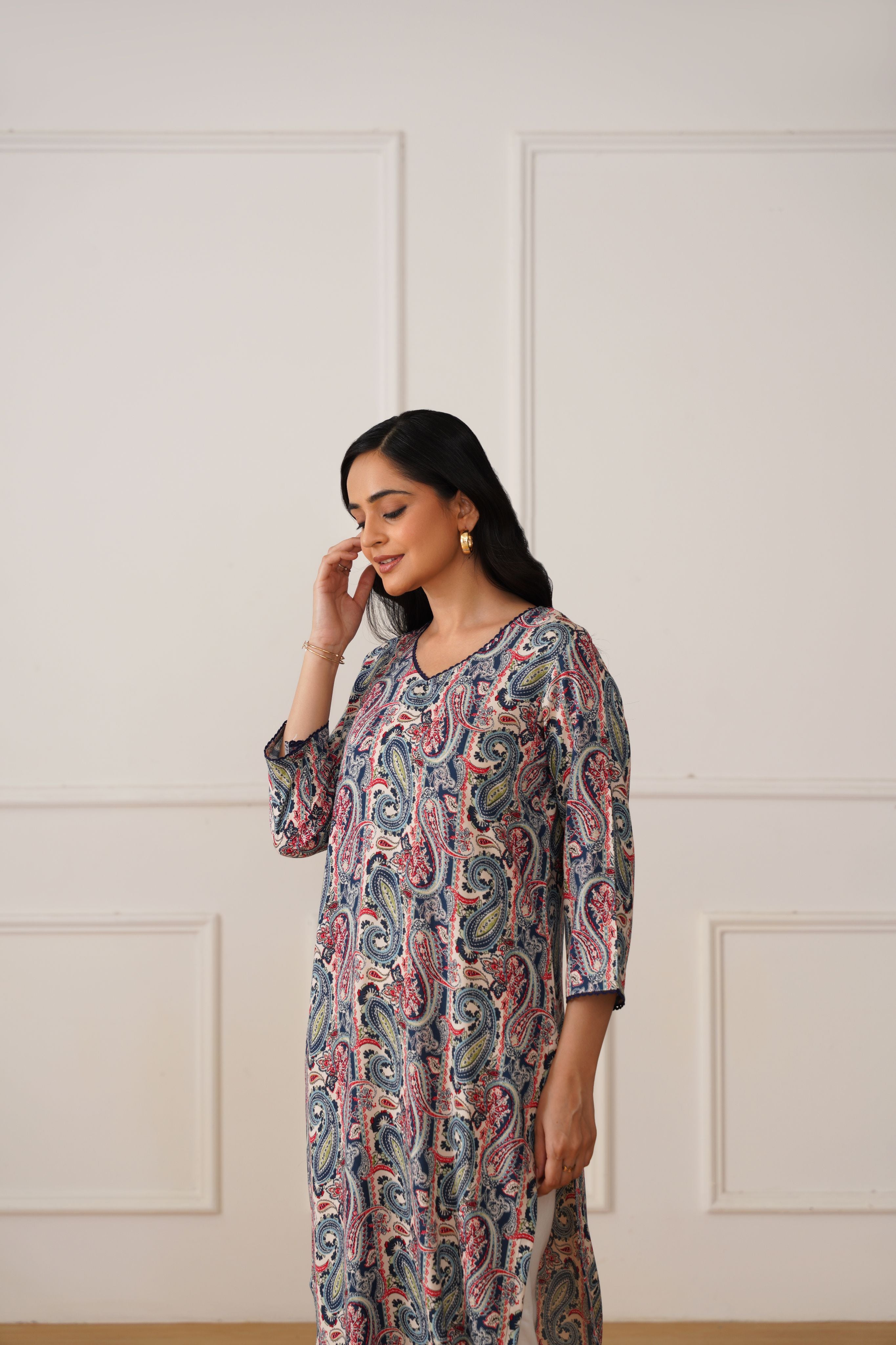 V-Neck Kurti in Morpankhi Rayon Fabric