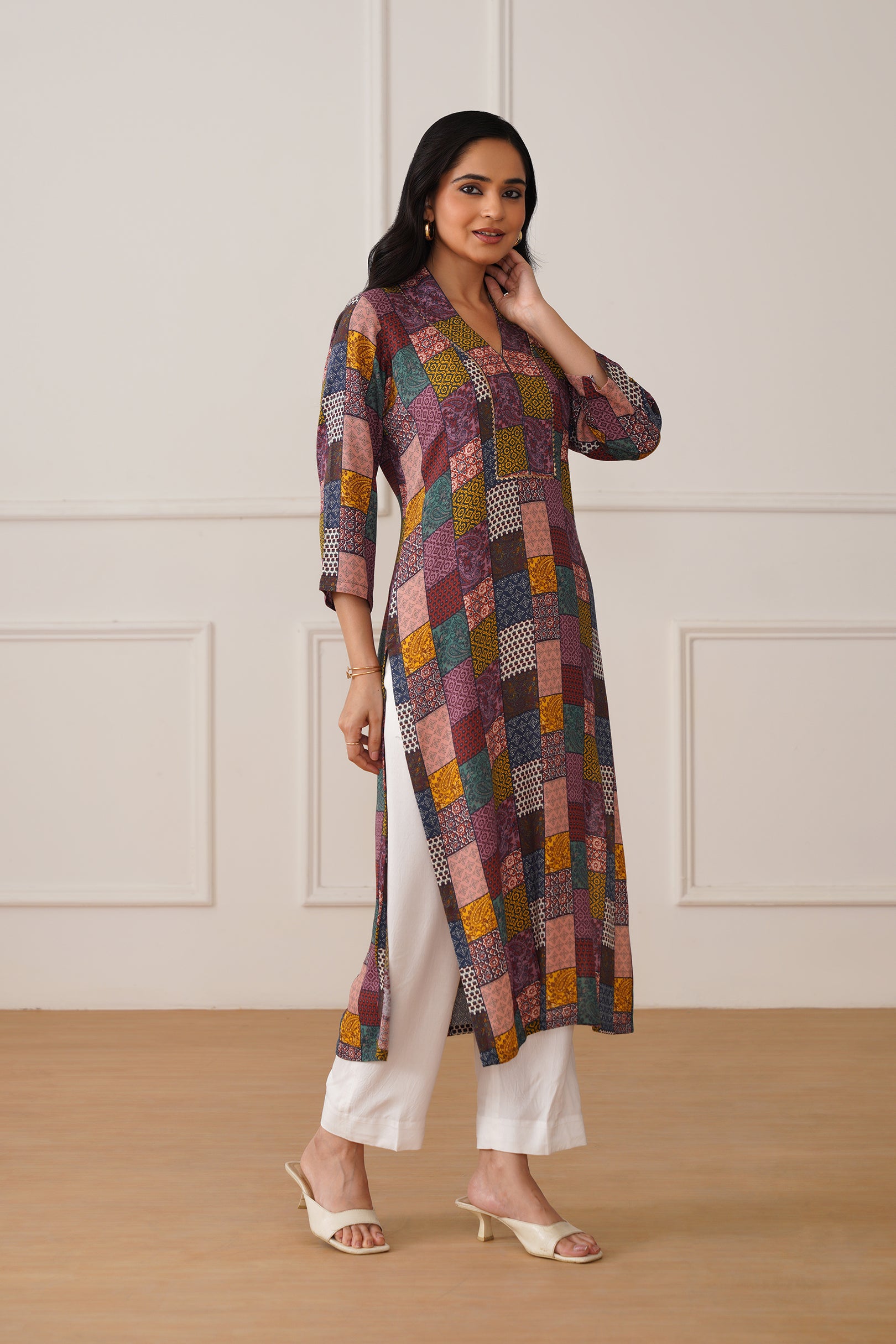 V-Neck Brown Moss Box Print Kurti
