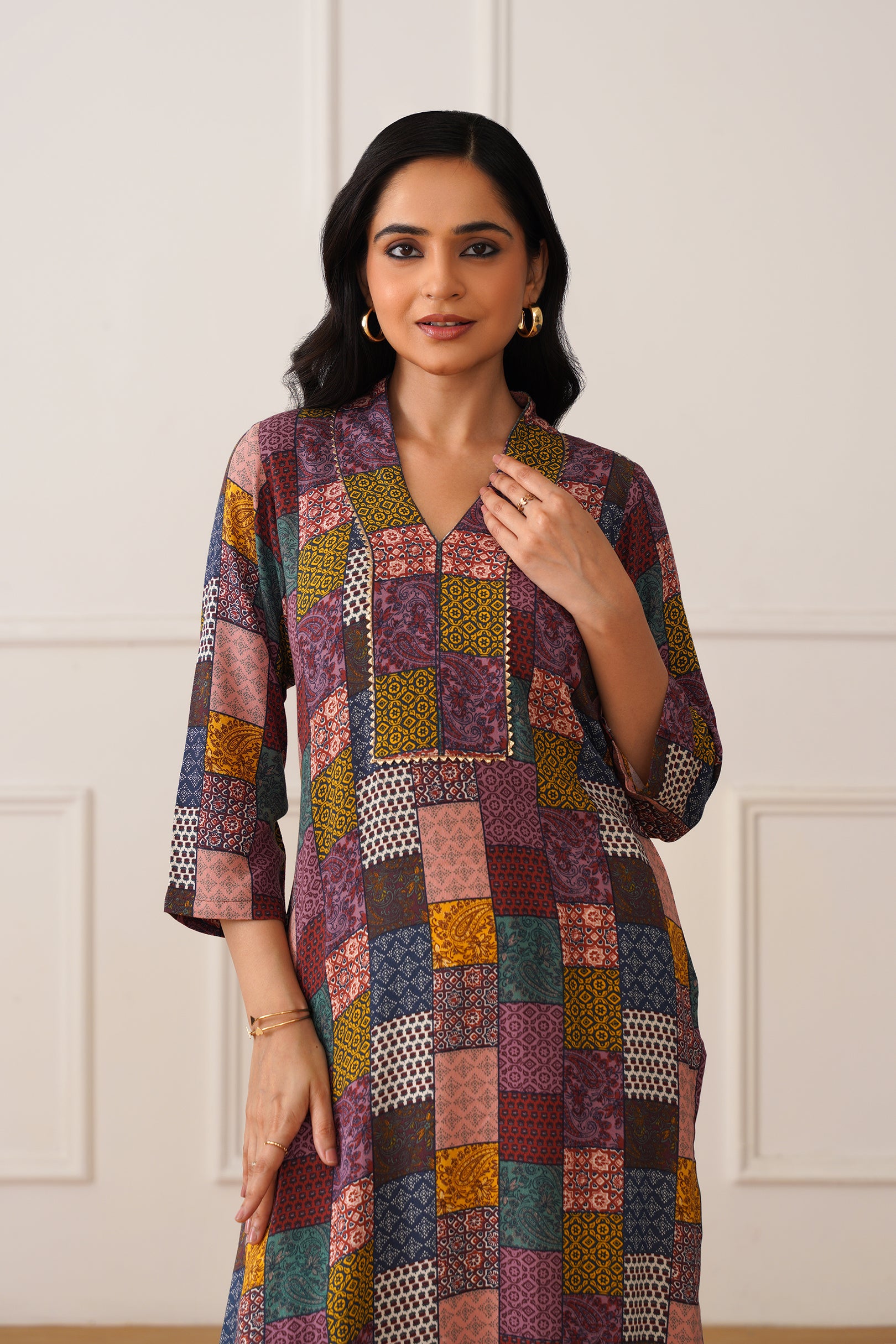 V-Neck Brown Moss Box Print Kurti