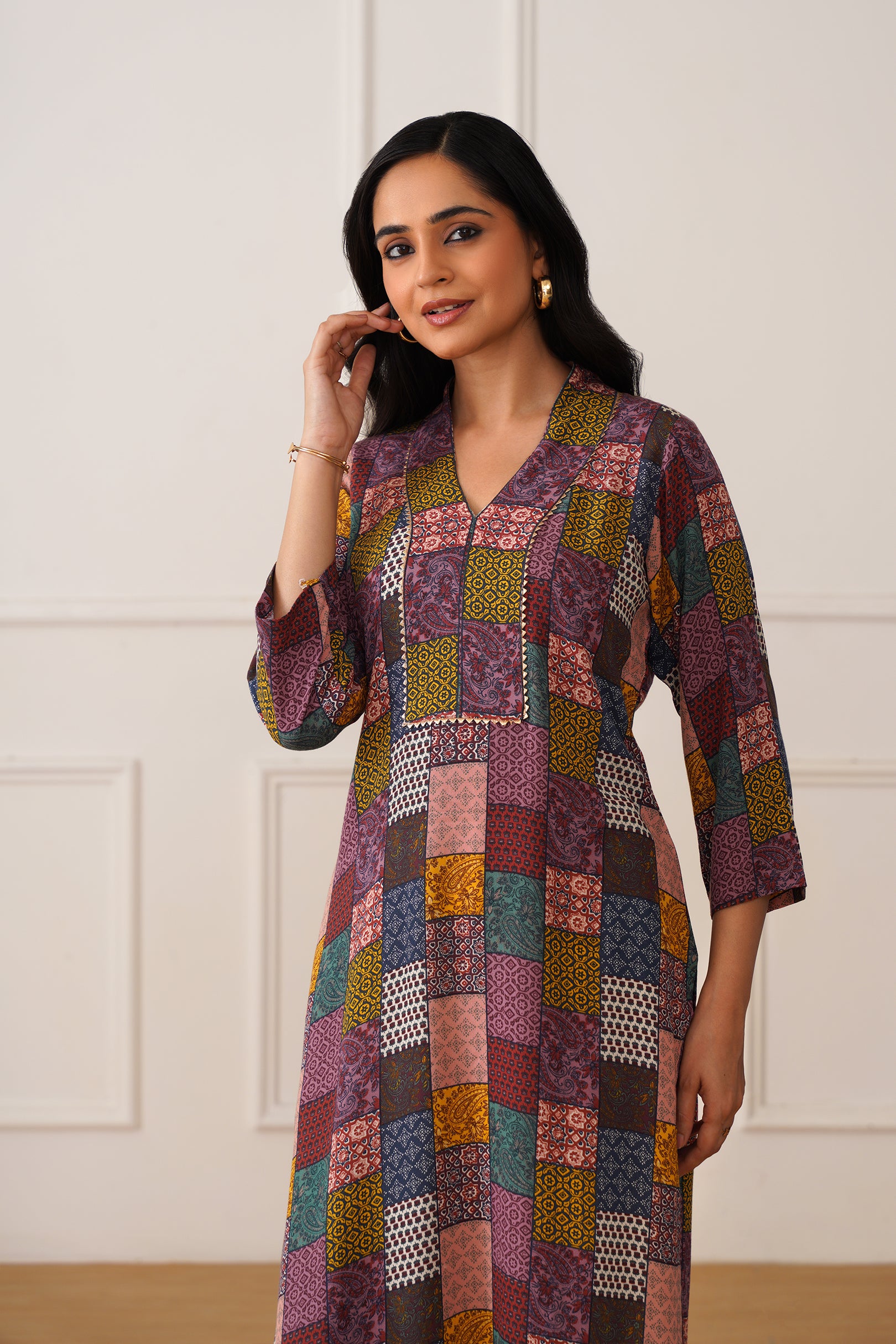 V-Neck Brown Moss Box Print Kurti