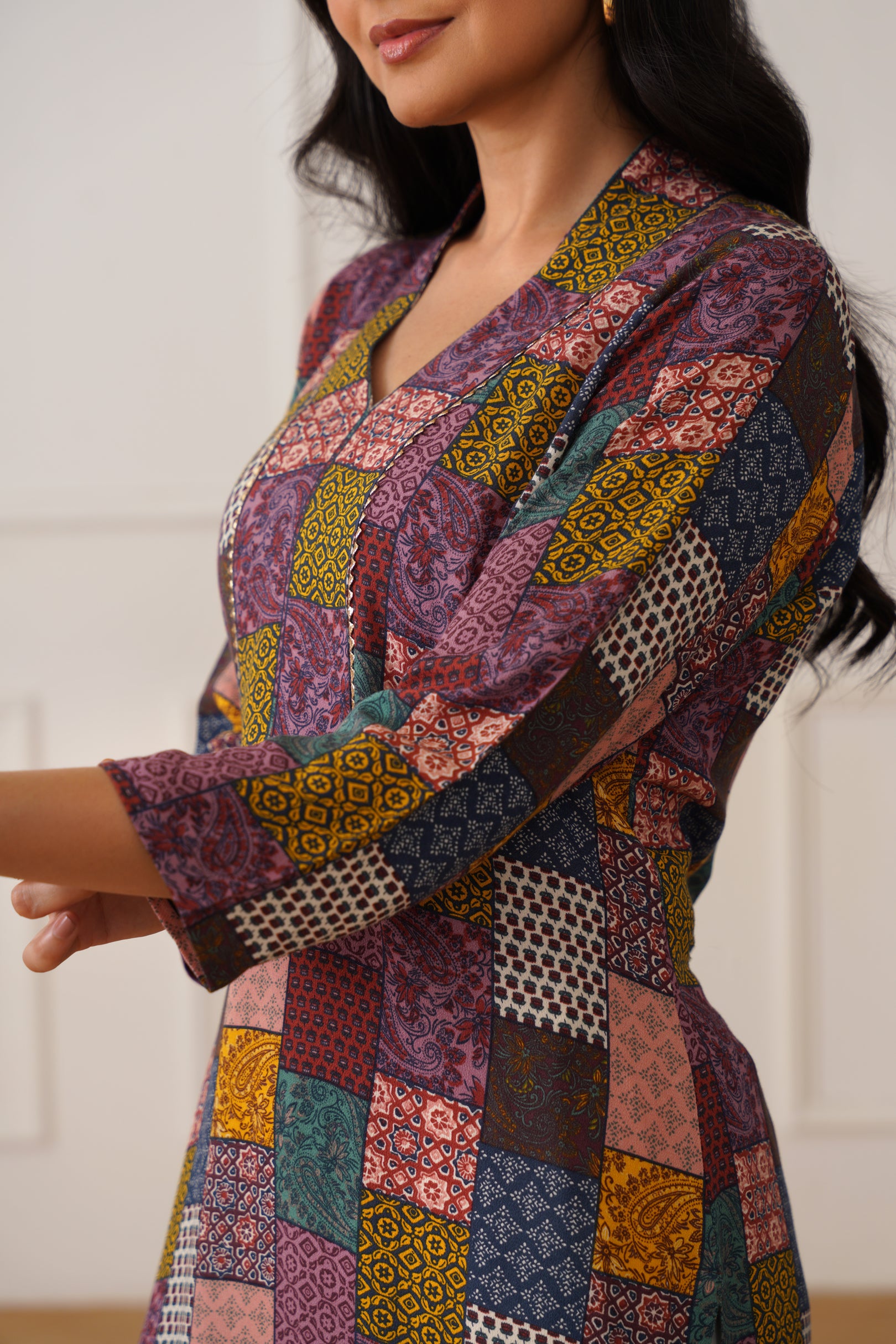 V-Neck Brown Moss Box Print Kurti
