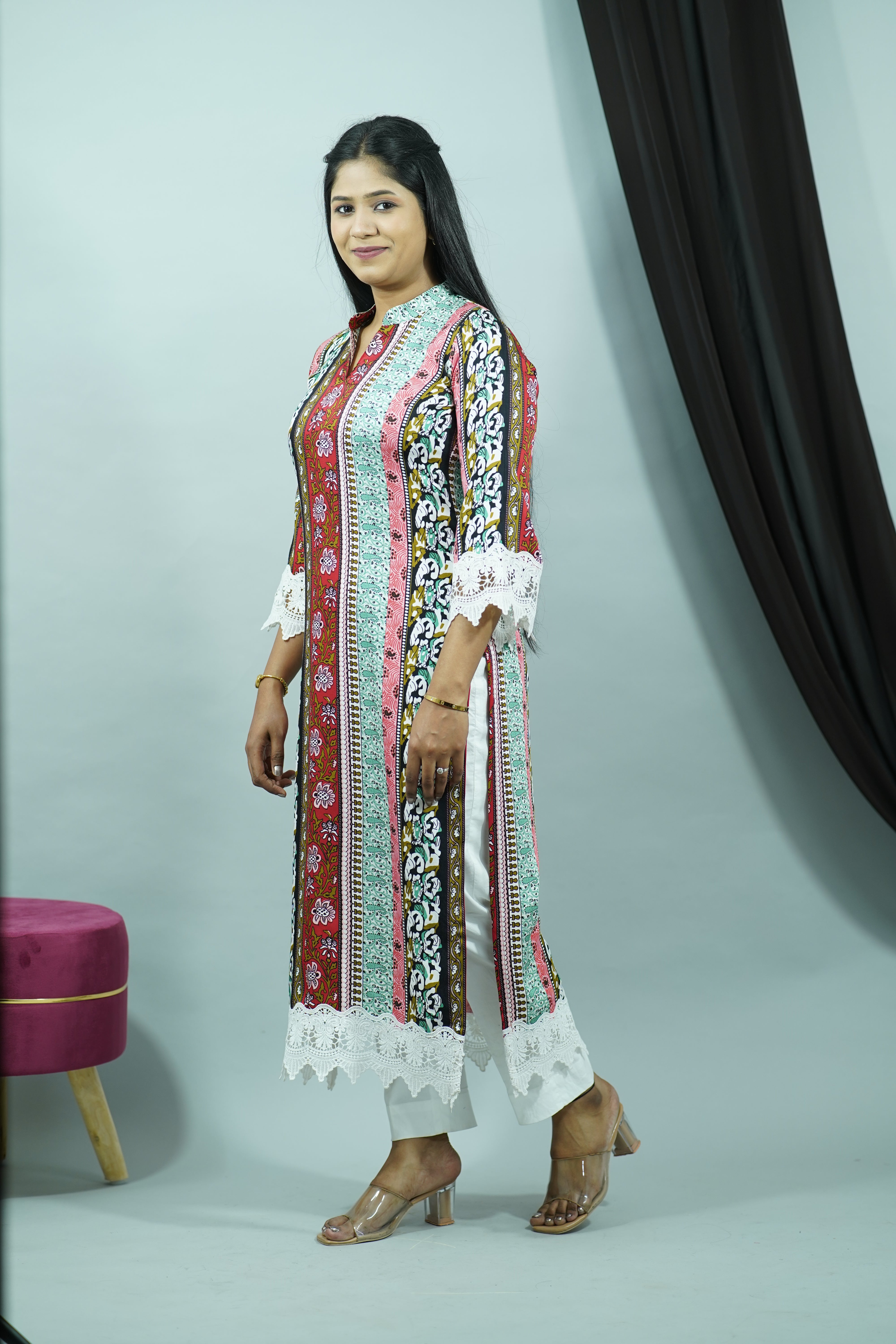 Multicolor Modal Satin Rayon Stand Collar Kurti