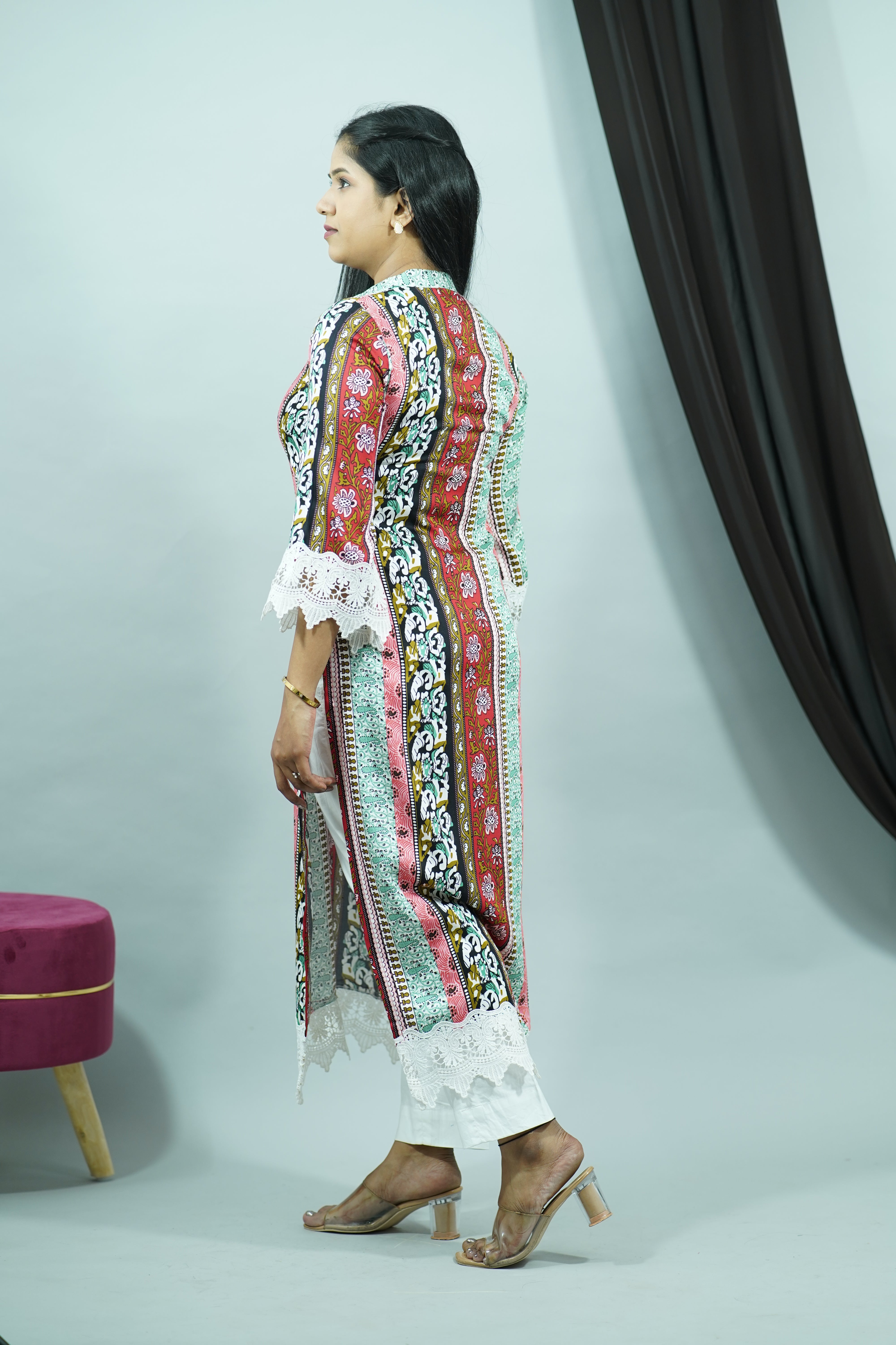 Multicolor Modal Satin Rayon Stand Collar Kurti