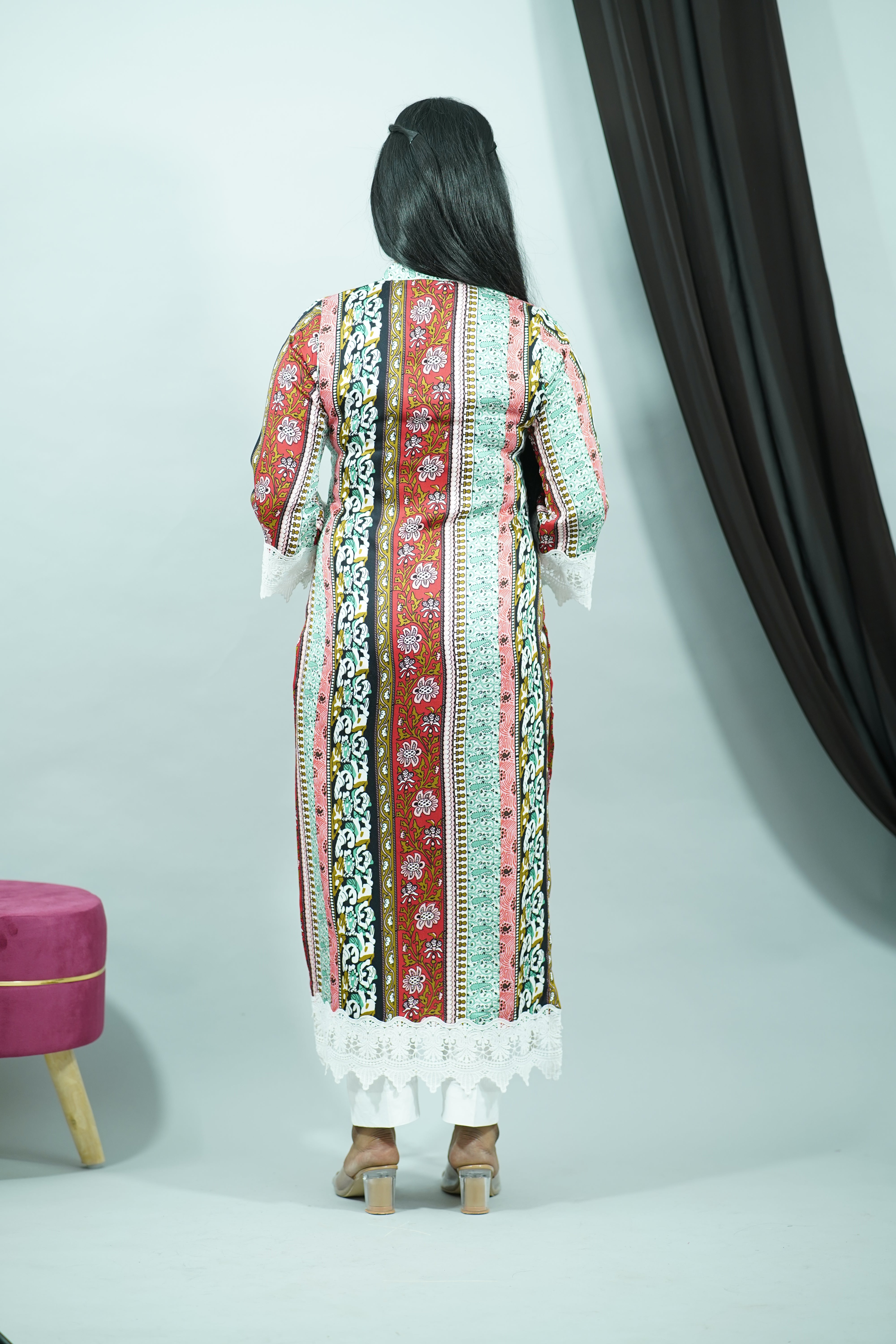 Multicolor Modal Satin Rayon Stand Collar Kurti