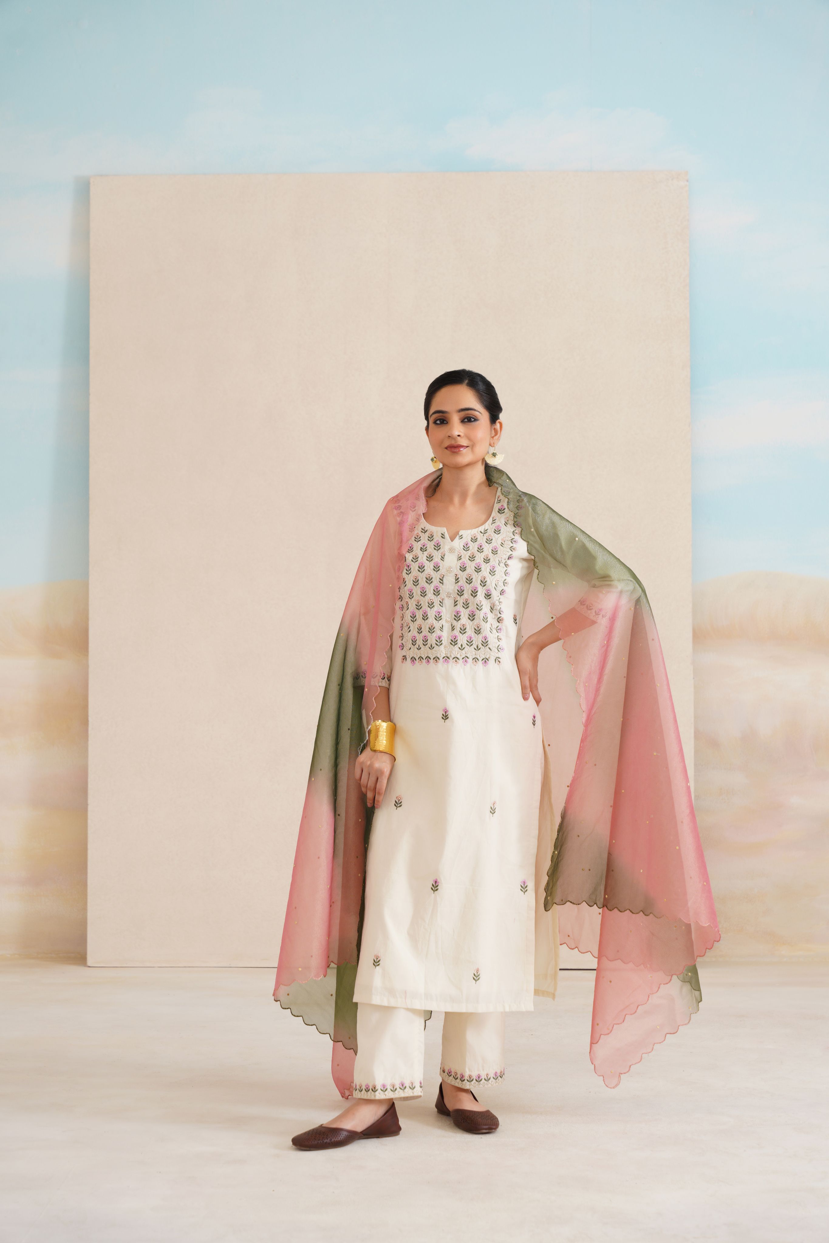 Cambric Suit Set with Vibrant Multi-Colour Dupatta