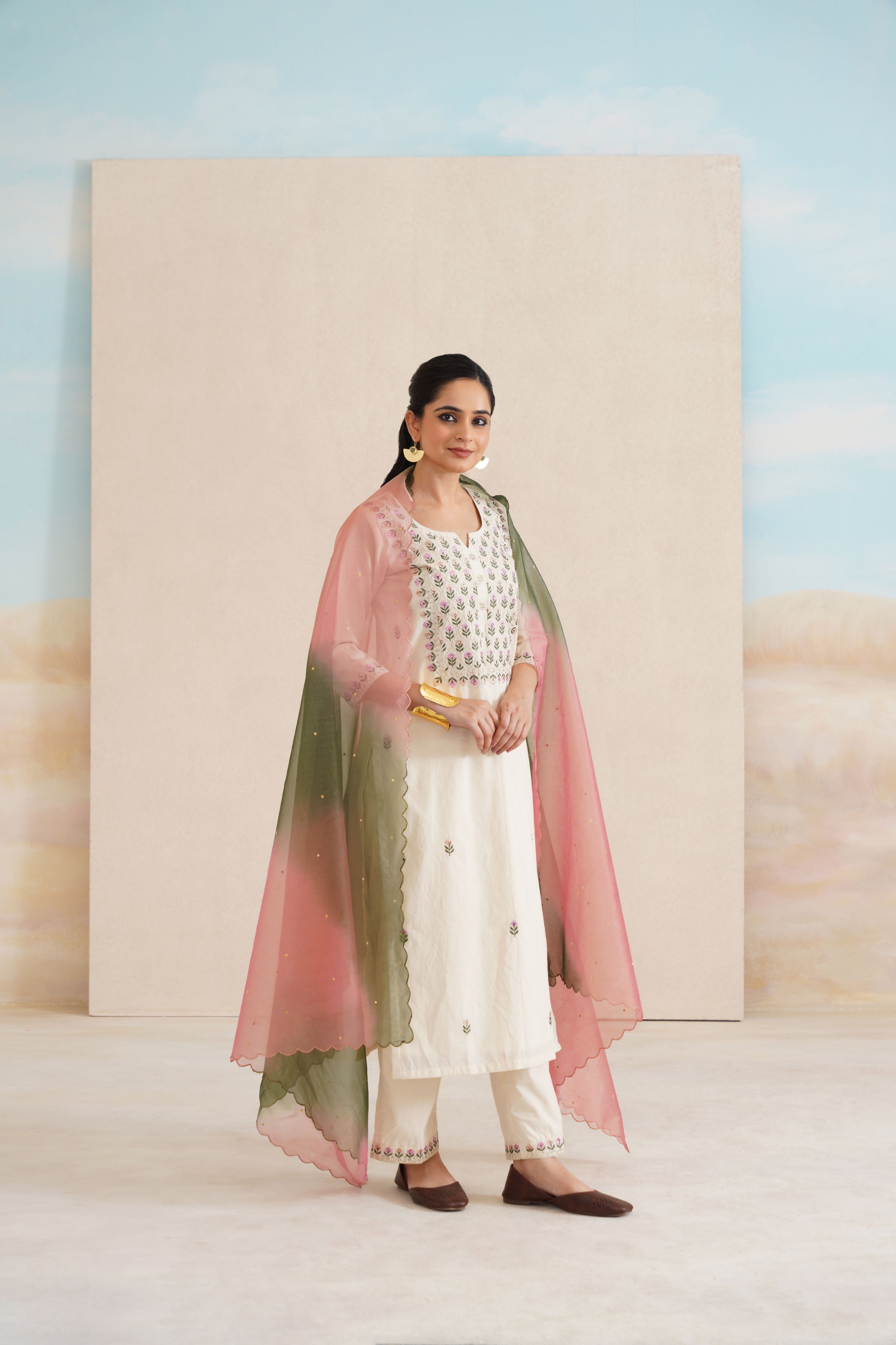 Cambric Suit Set with Vibrant Multi-Colour Dupatta
