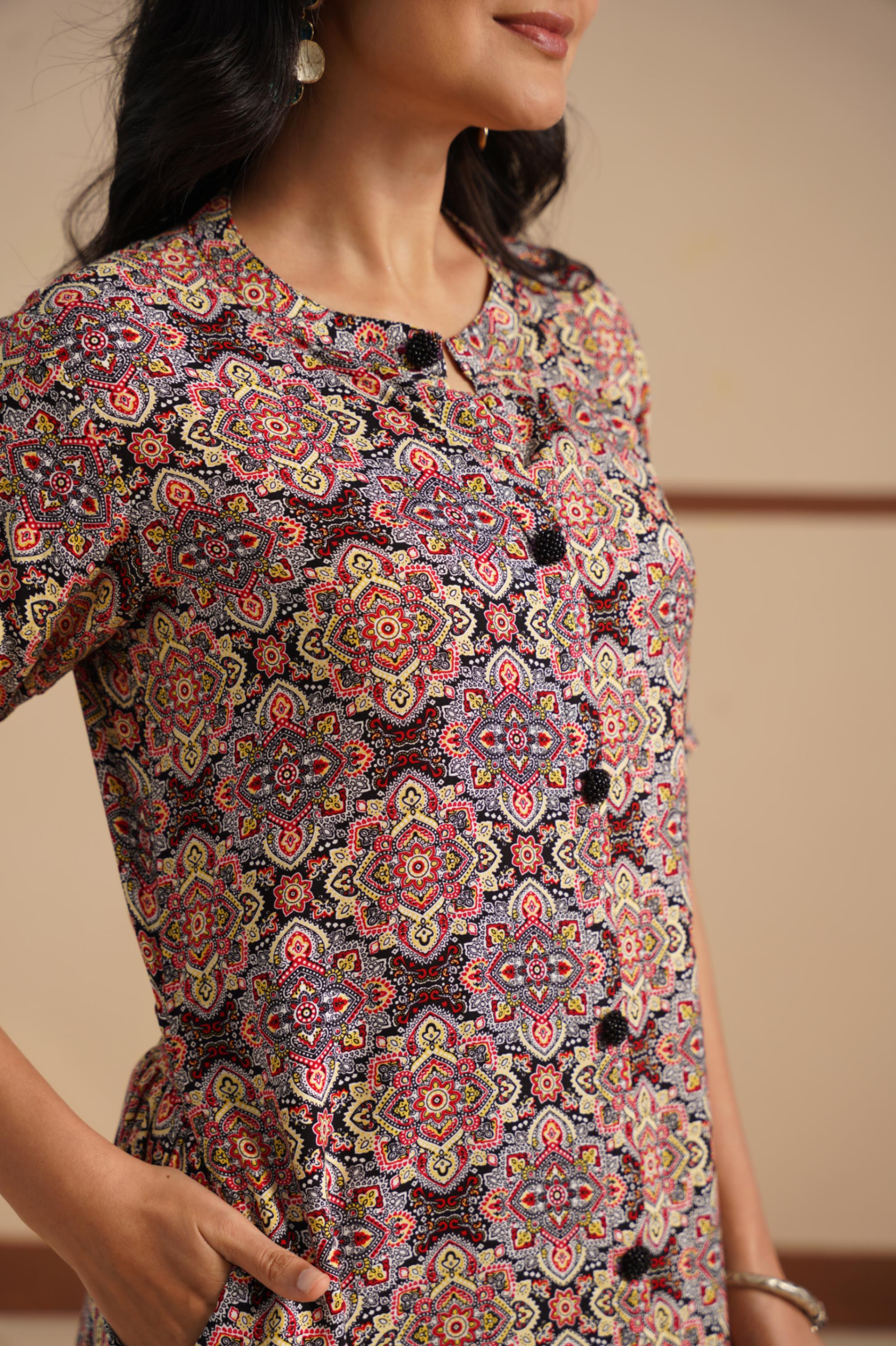 Ajrak Print Chinese Collar Kurti