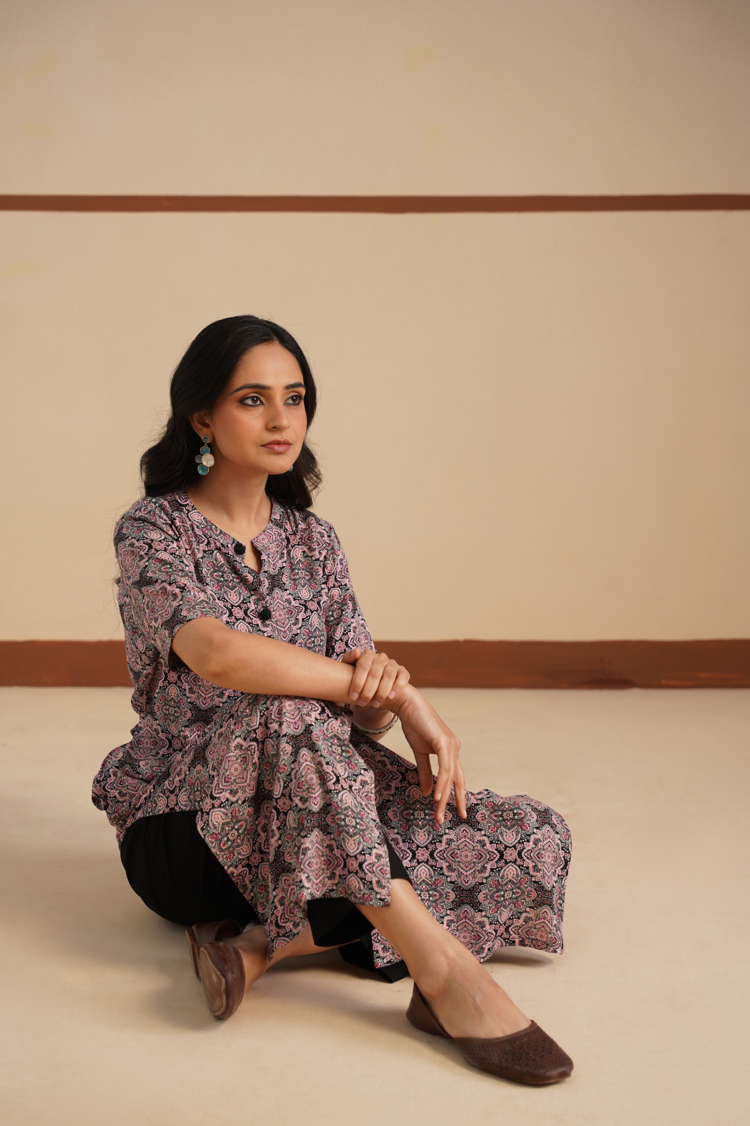 Ajrak Print Chinese Collar Kurti