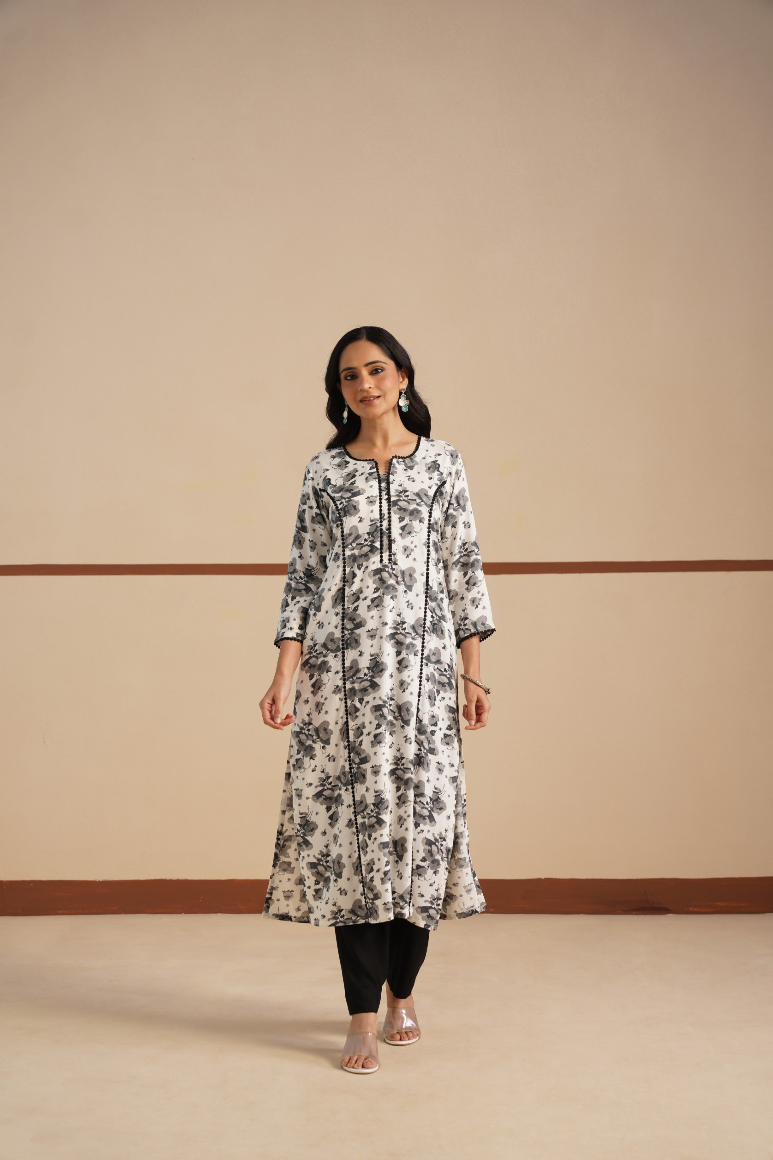 Black and White Princess Cut Kurti – Elegant Style in Soft Rayon