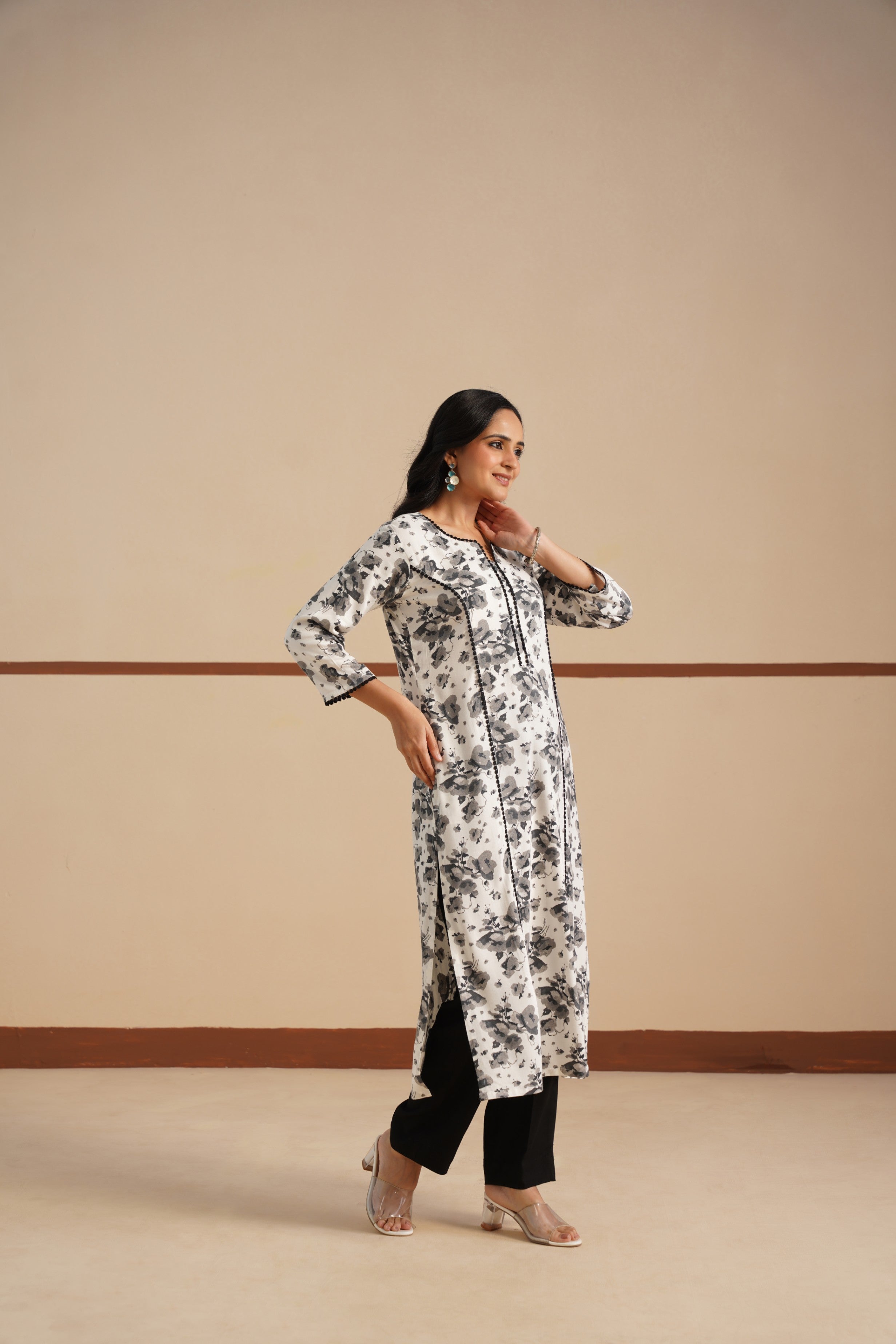 Black and White Princess Cut Kurti – Elegant Style in Soft Rayon