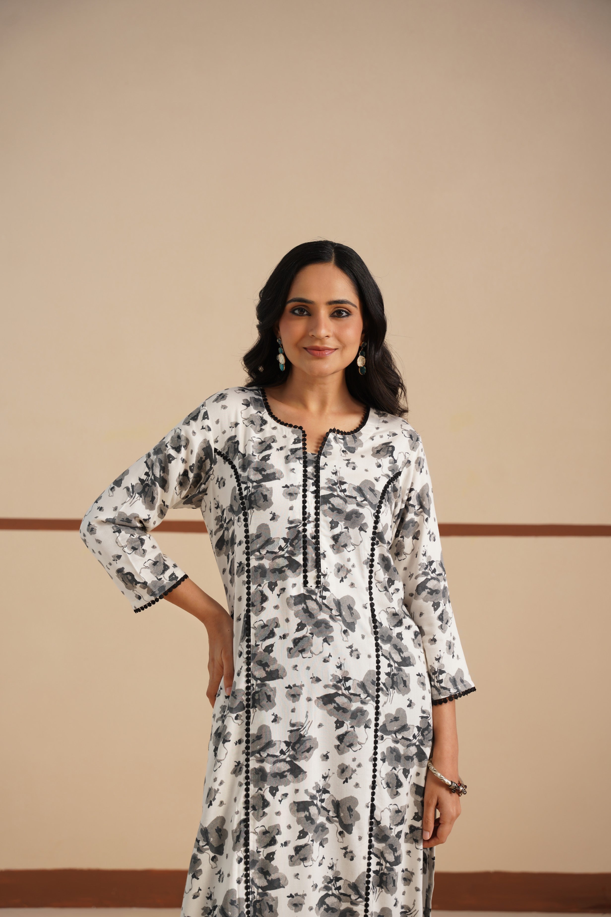 Black and White Princess Cut Kurti – Elegant Style in Soft Rayon