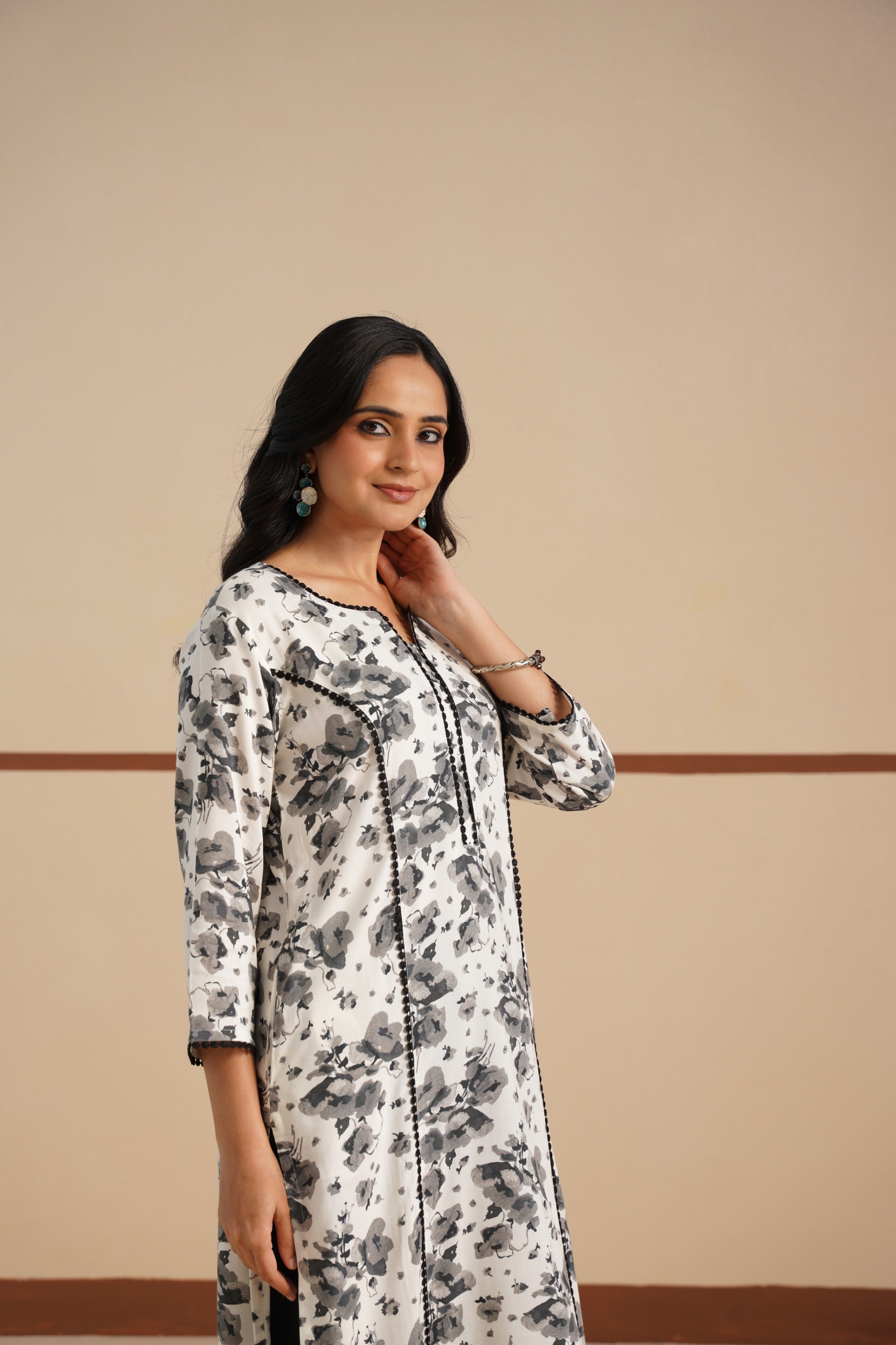 Black and White Princess Cut Kurti – Elegant Style in Soft Rayon