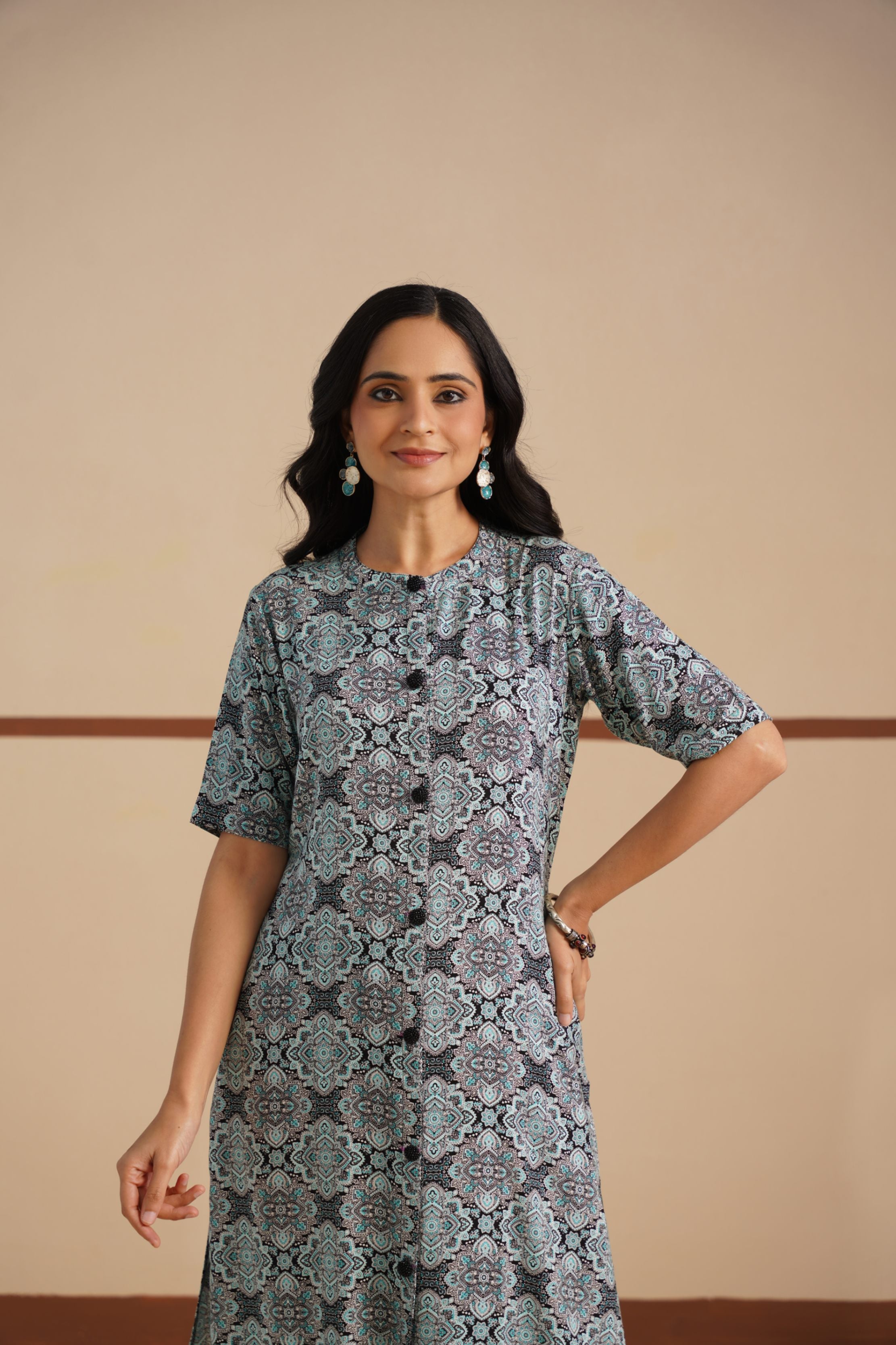 Ajrak Print Chinese Collar Kurti