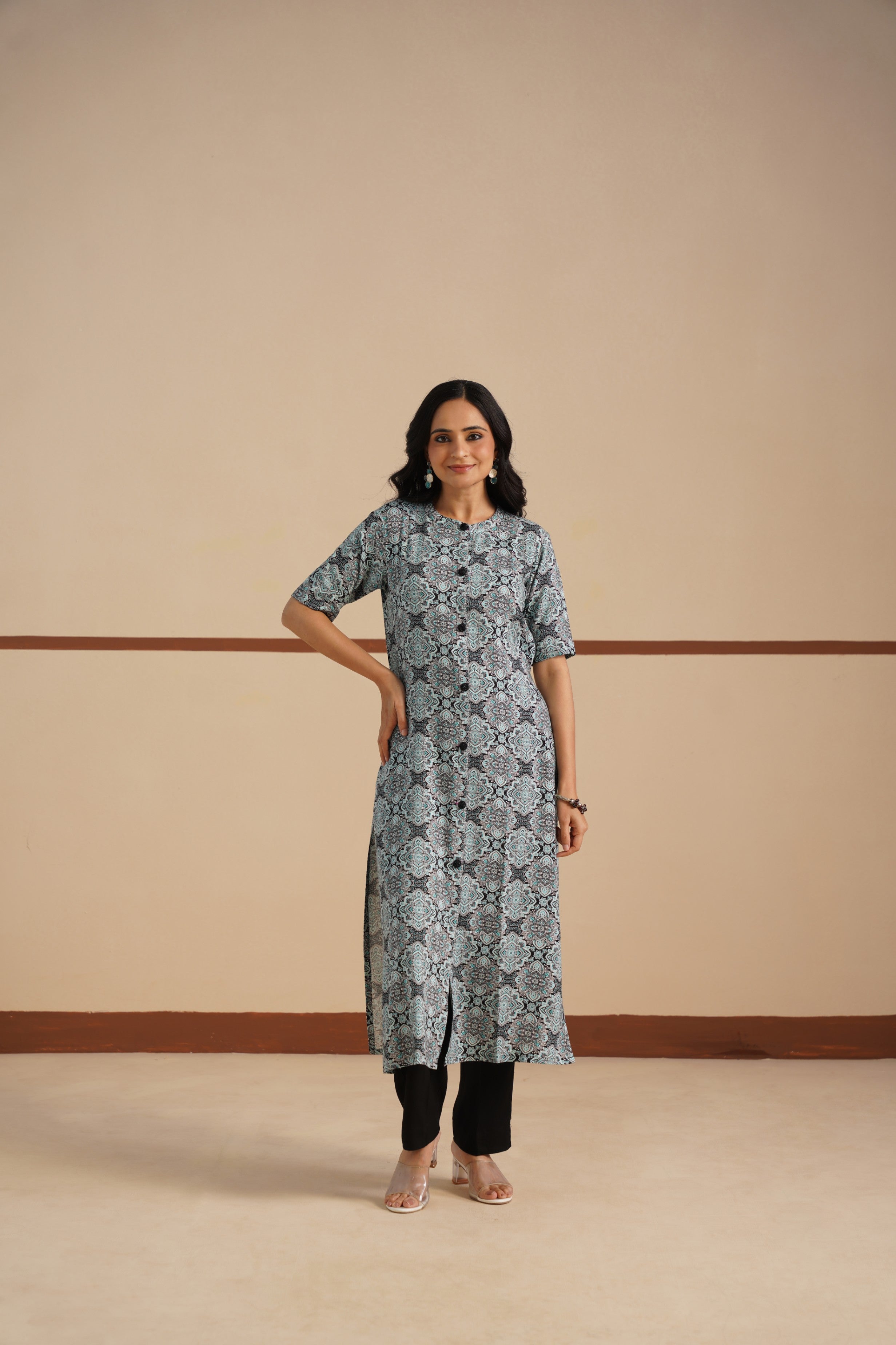 Ajrak Print Chinese Collar Kurti