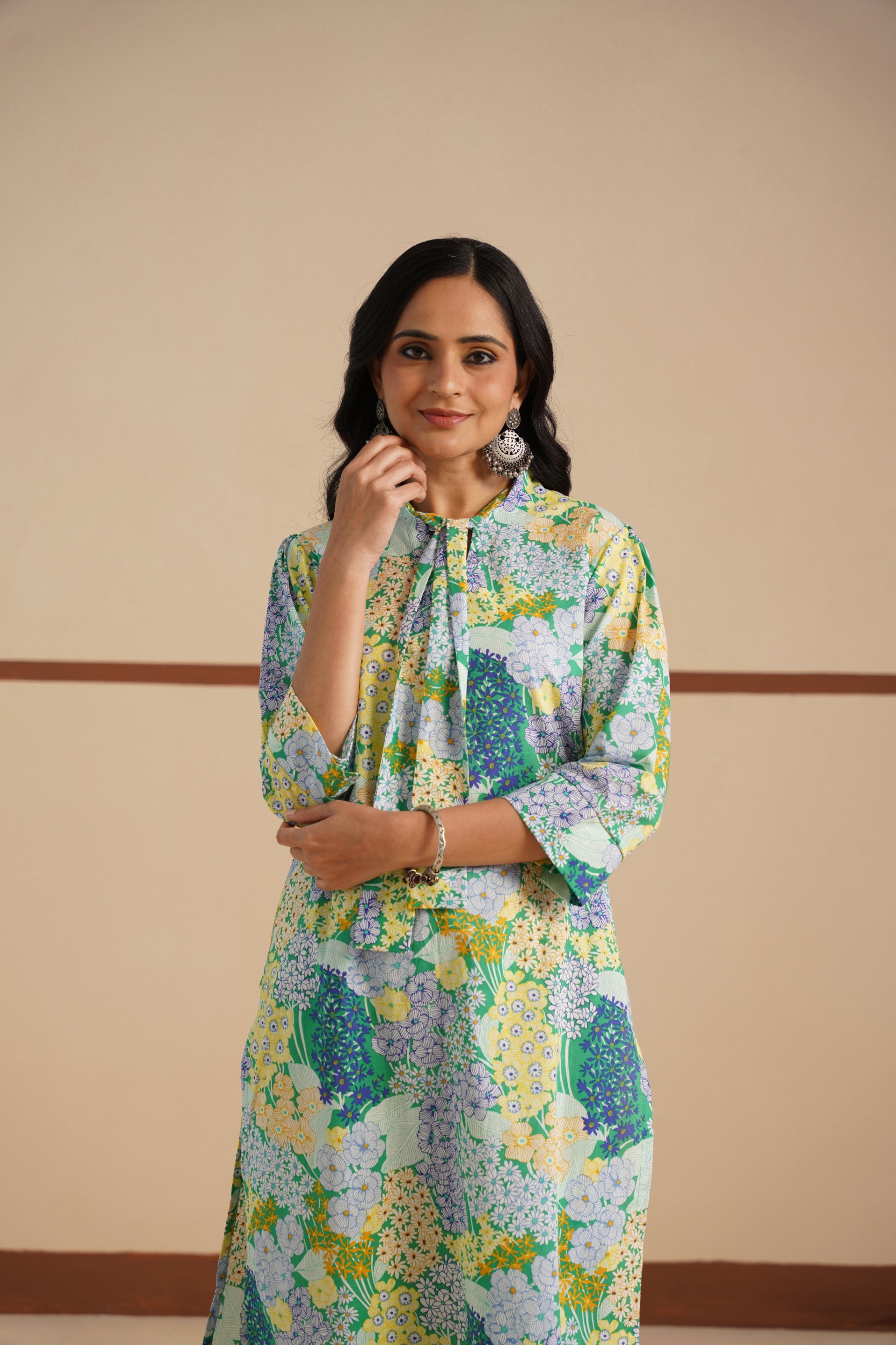 Cambric Kurti Set with Tie Neck