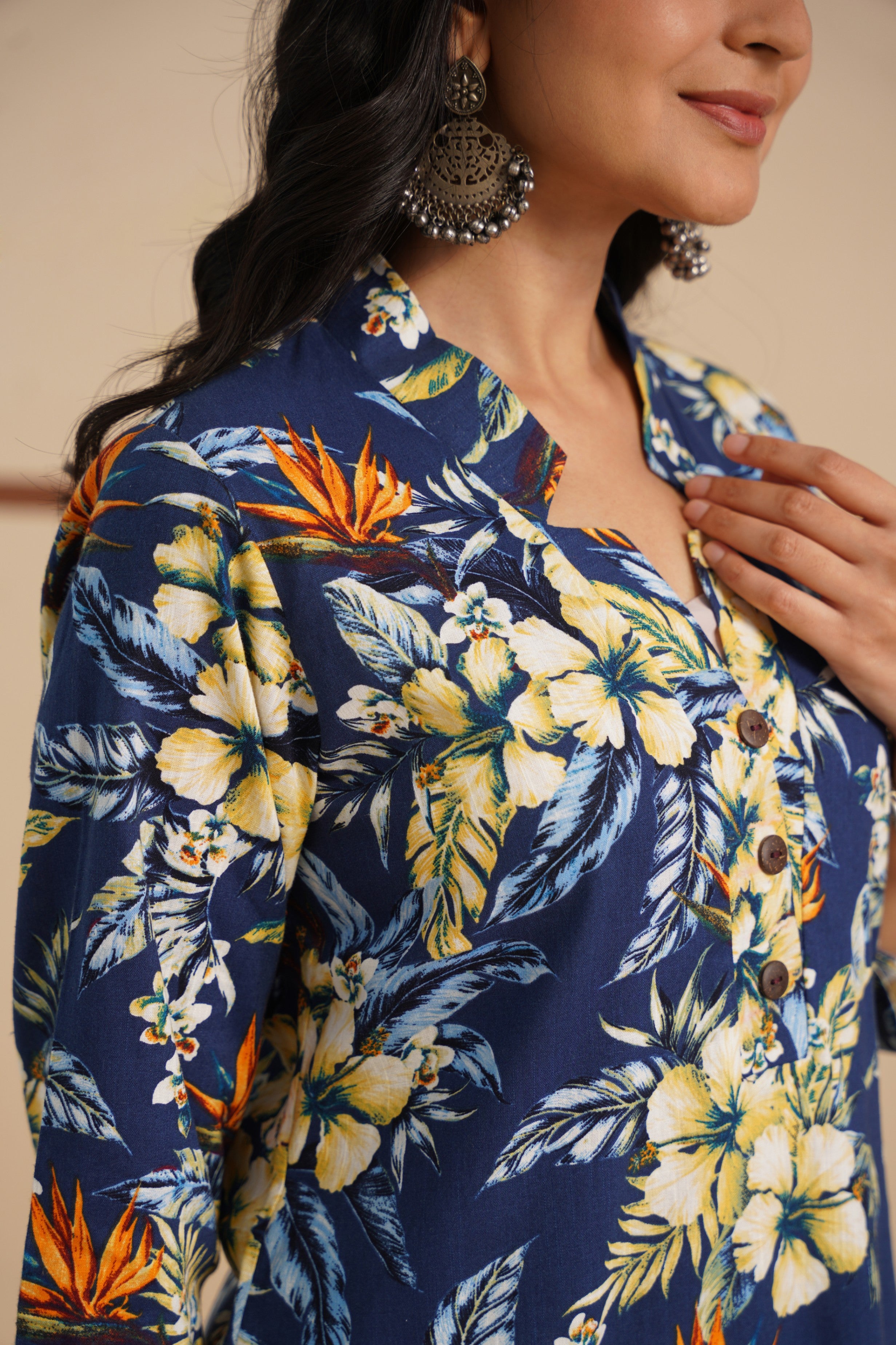 Royal Blue Linen V-Neck A-Line Kurti