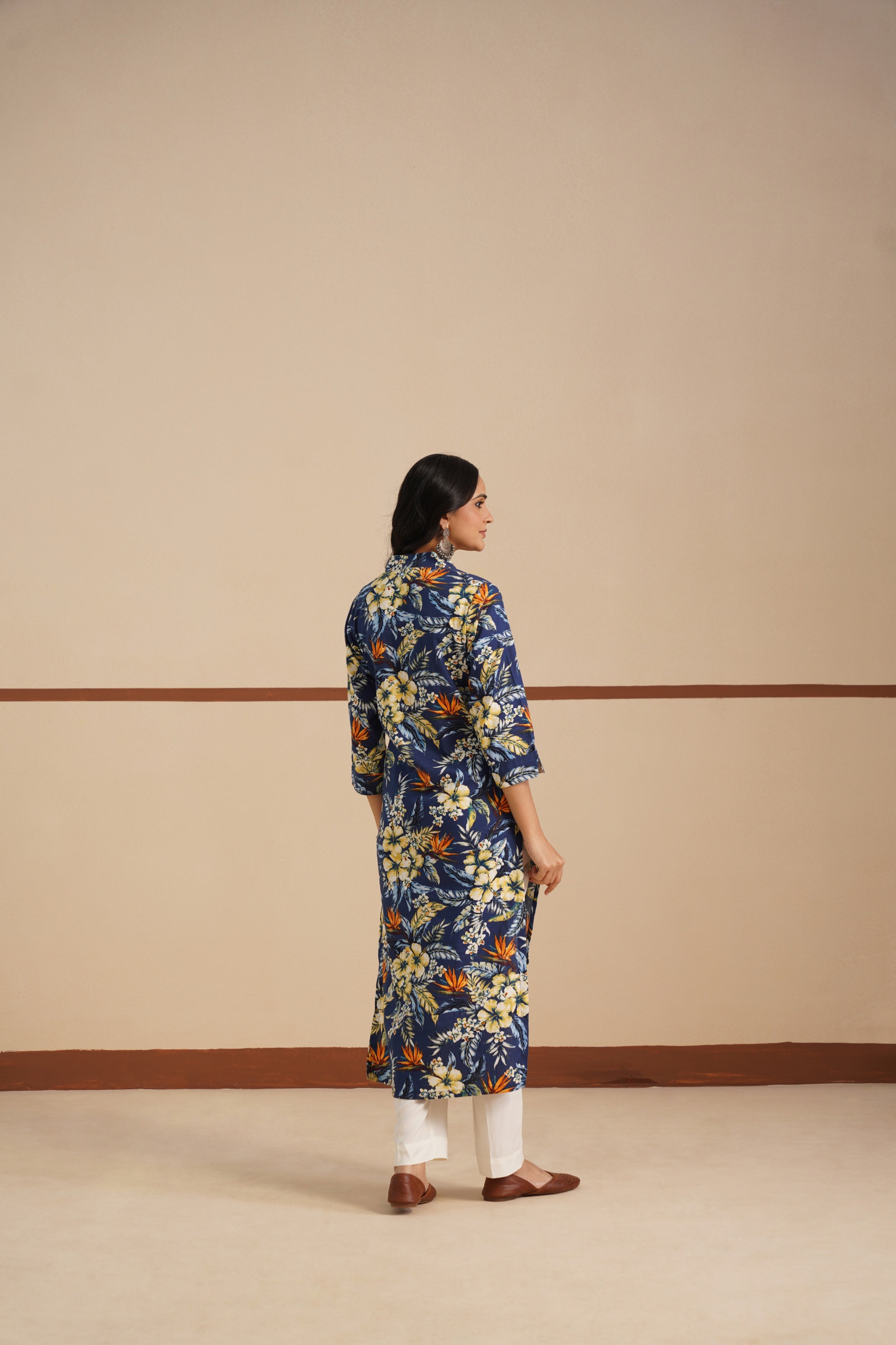 Royal Blue Linen V-Neck A-Line Kurti