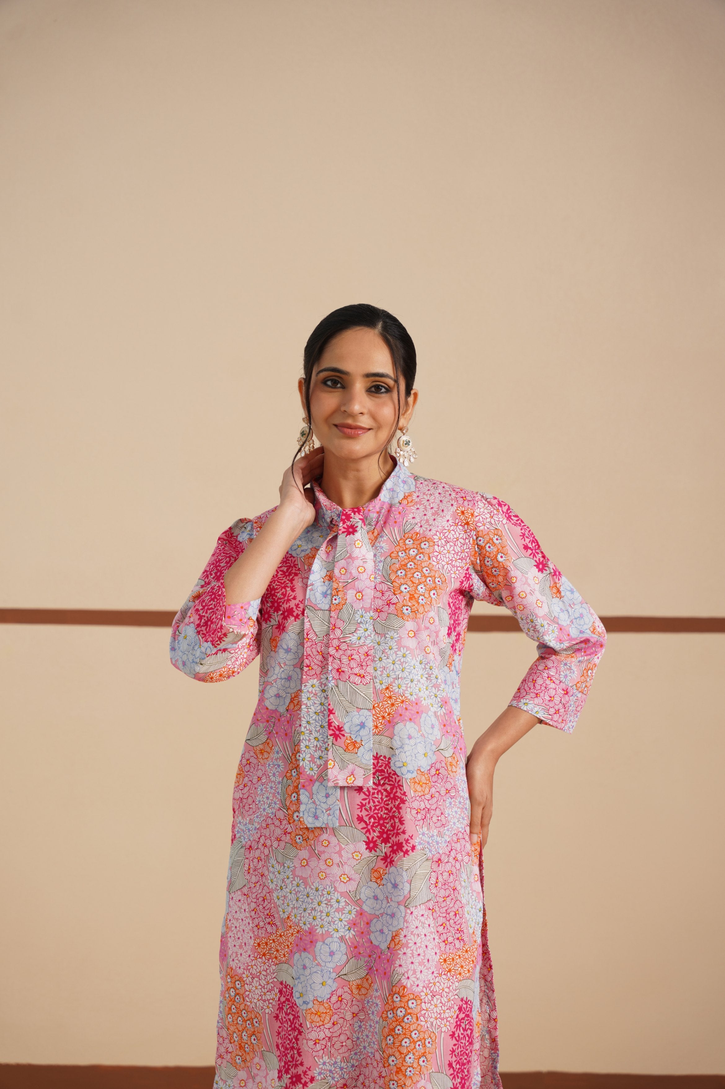 Cambric Kurti Set with Tie Neck