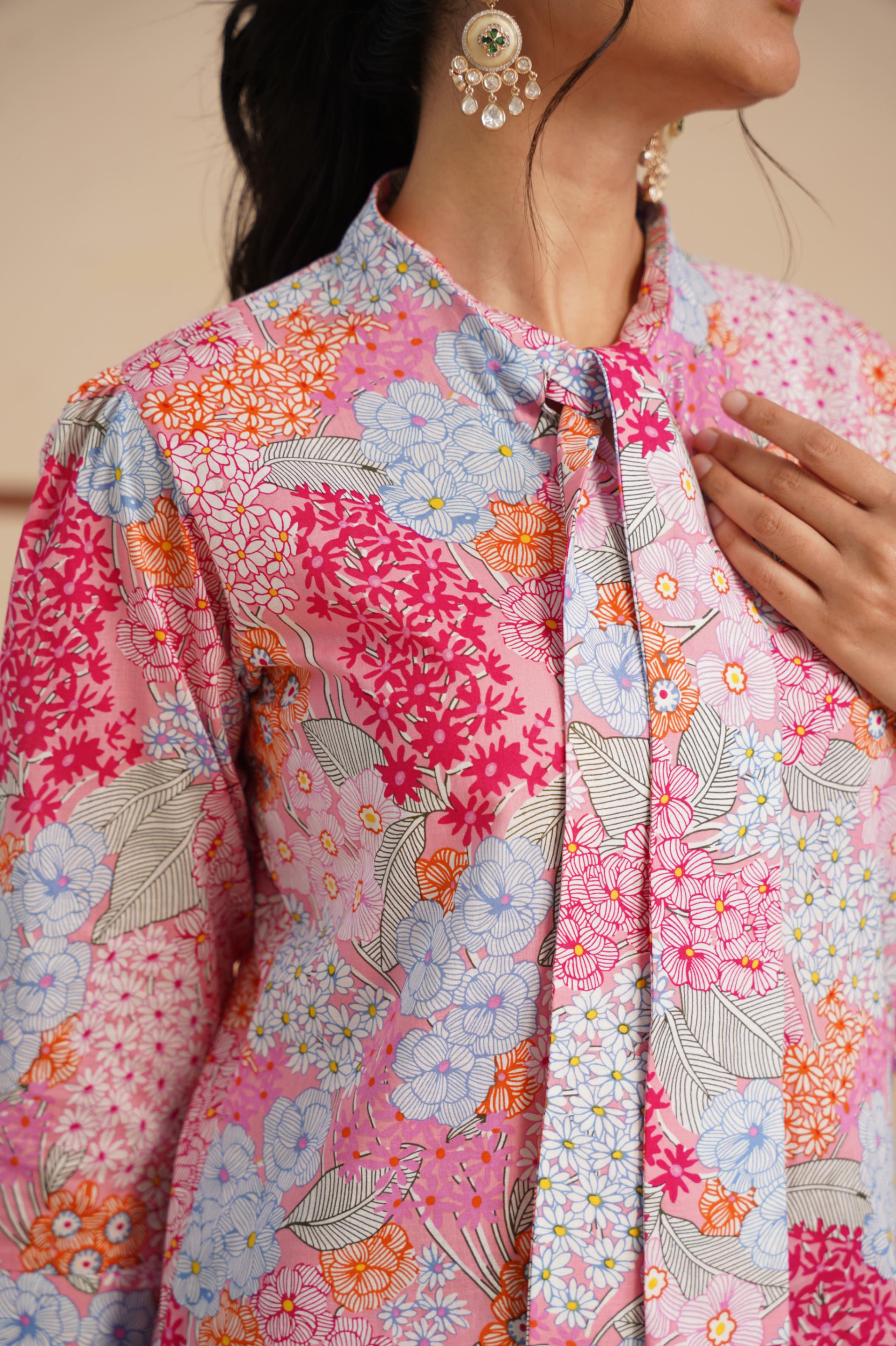 Cambric Kurti Set with Tie Neck