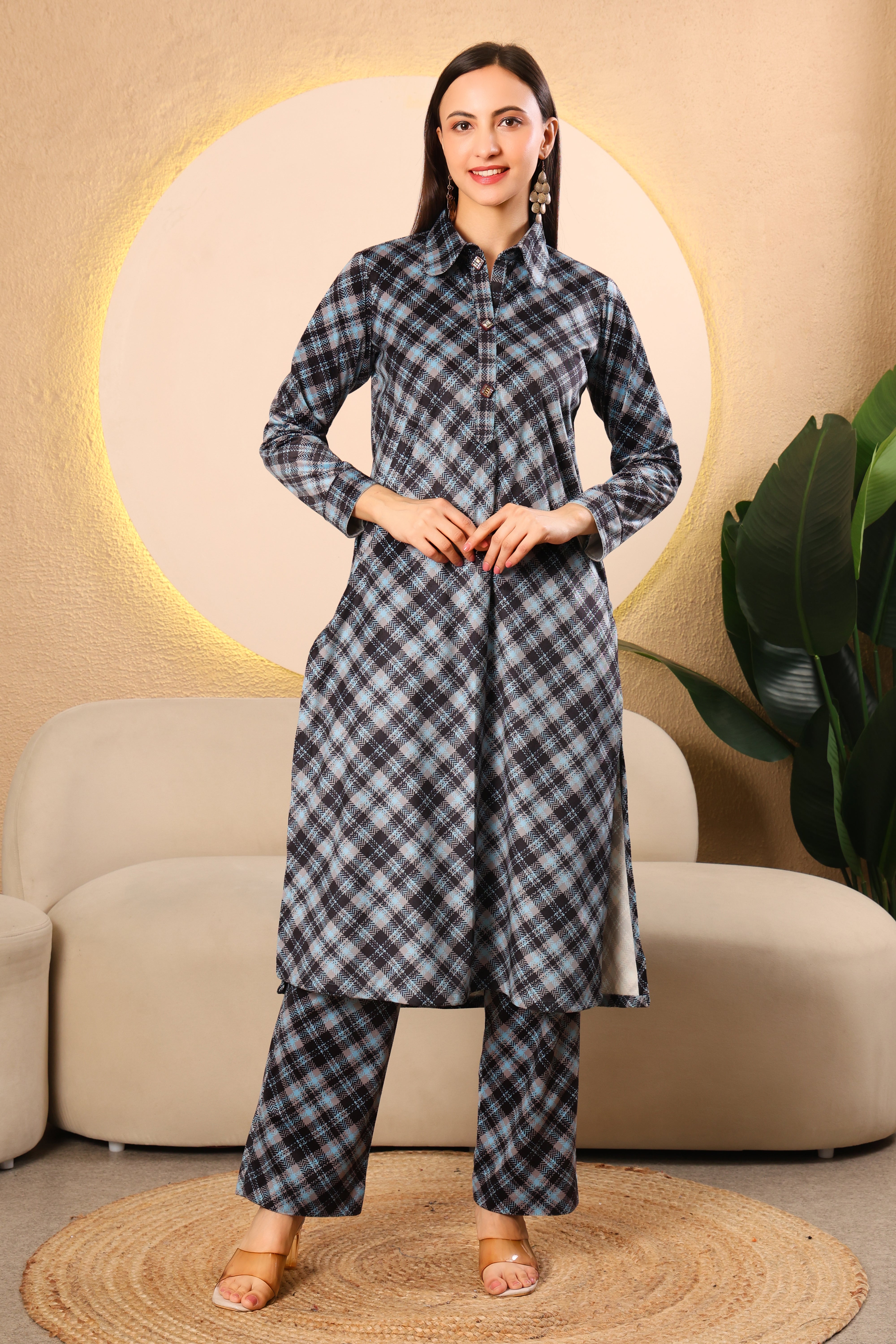 Blue & Black Checked Cotrise Kurta Set