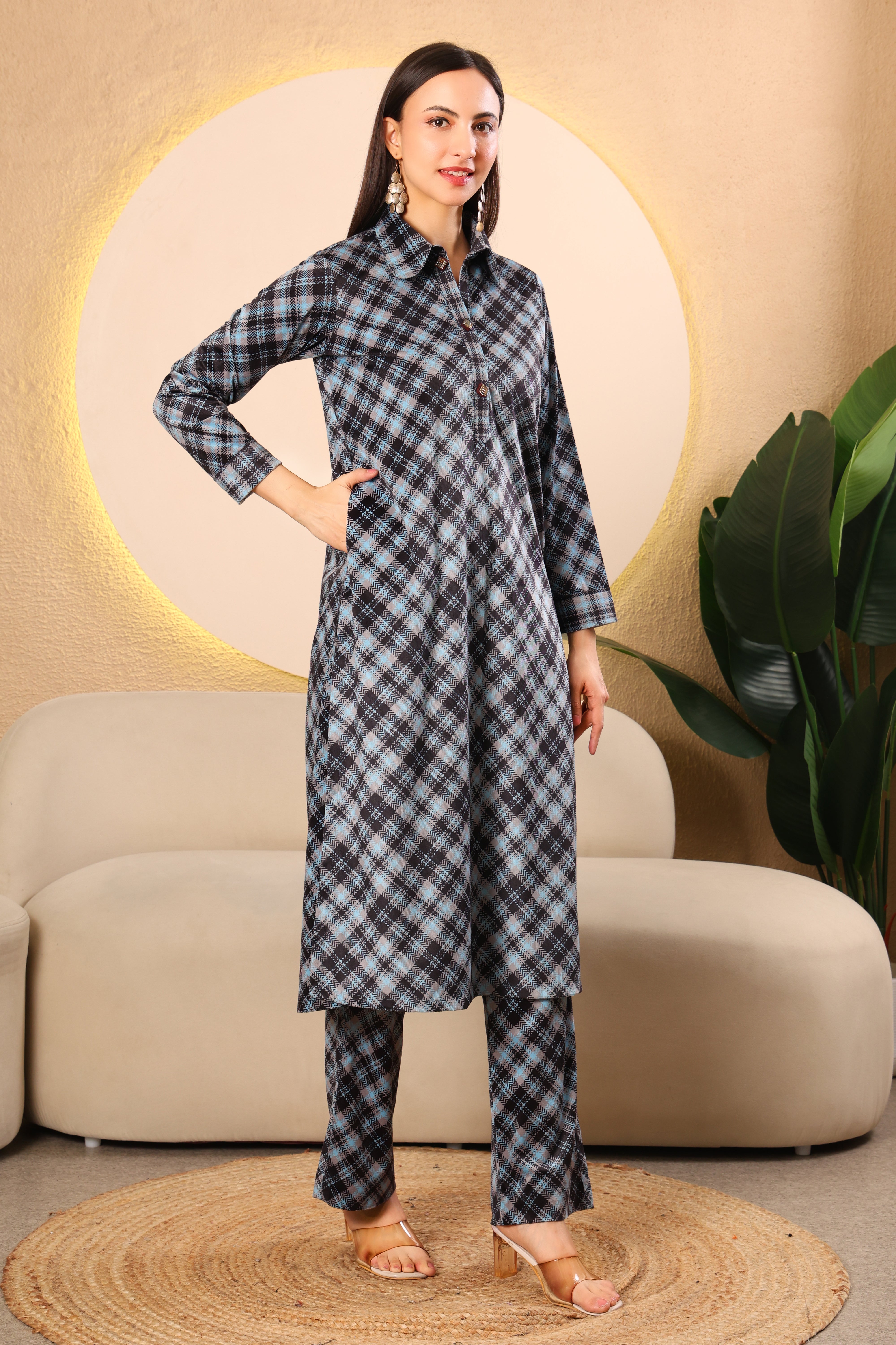 Blue & Black Checked Cotrise Kurta Set