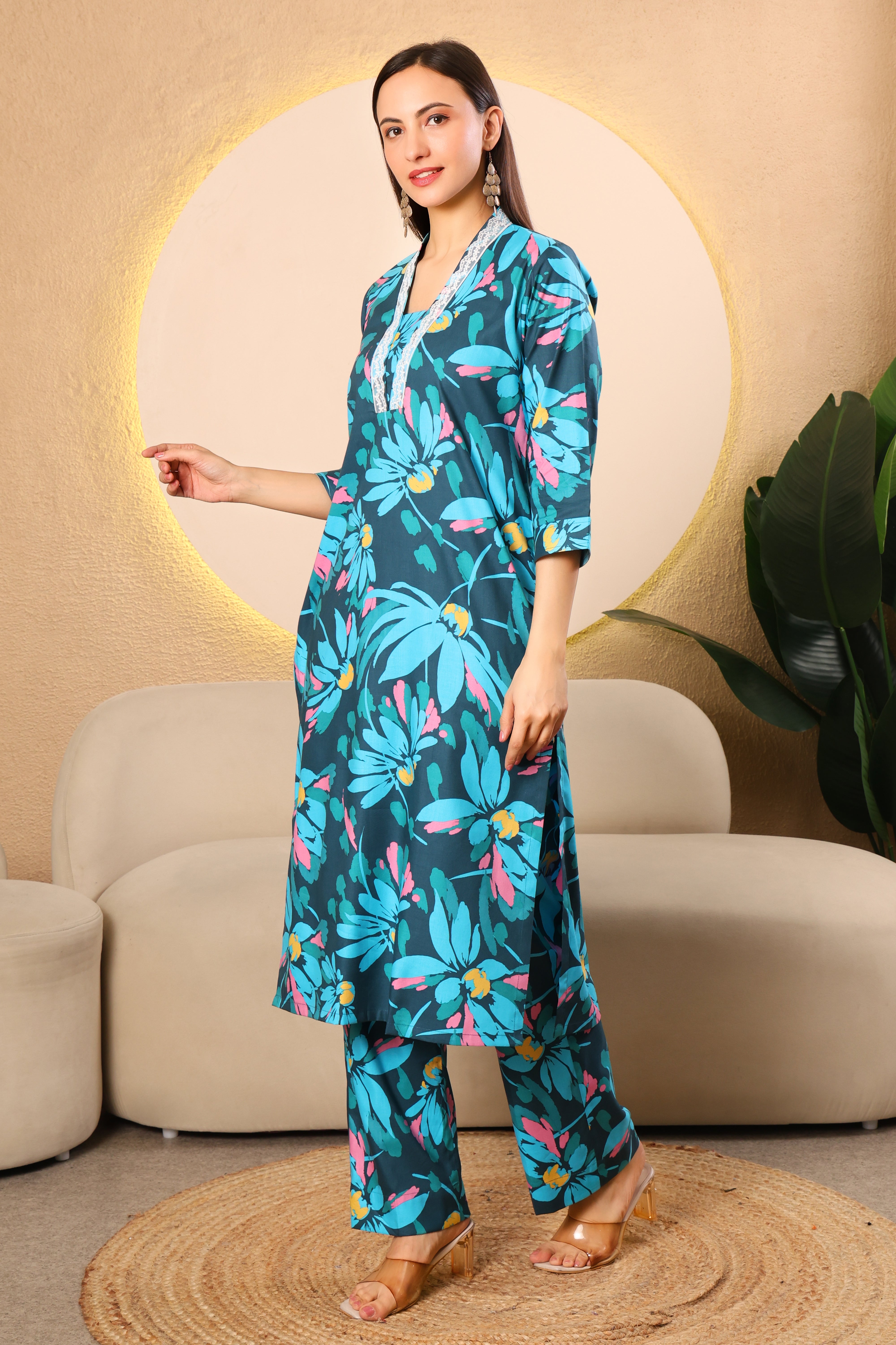 Teal Floral V-Neck Cotton Kurta Set