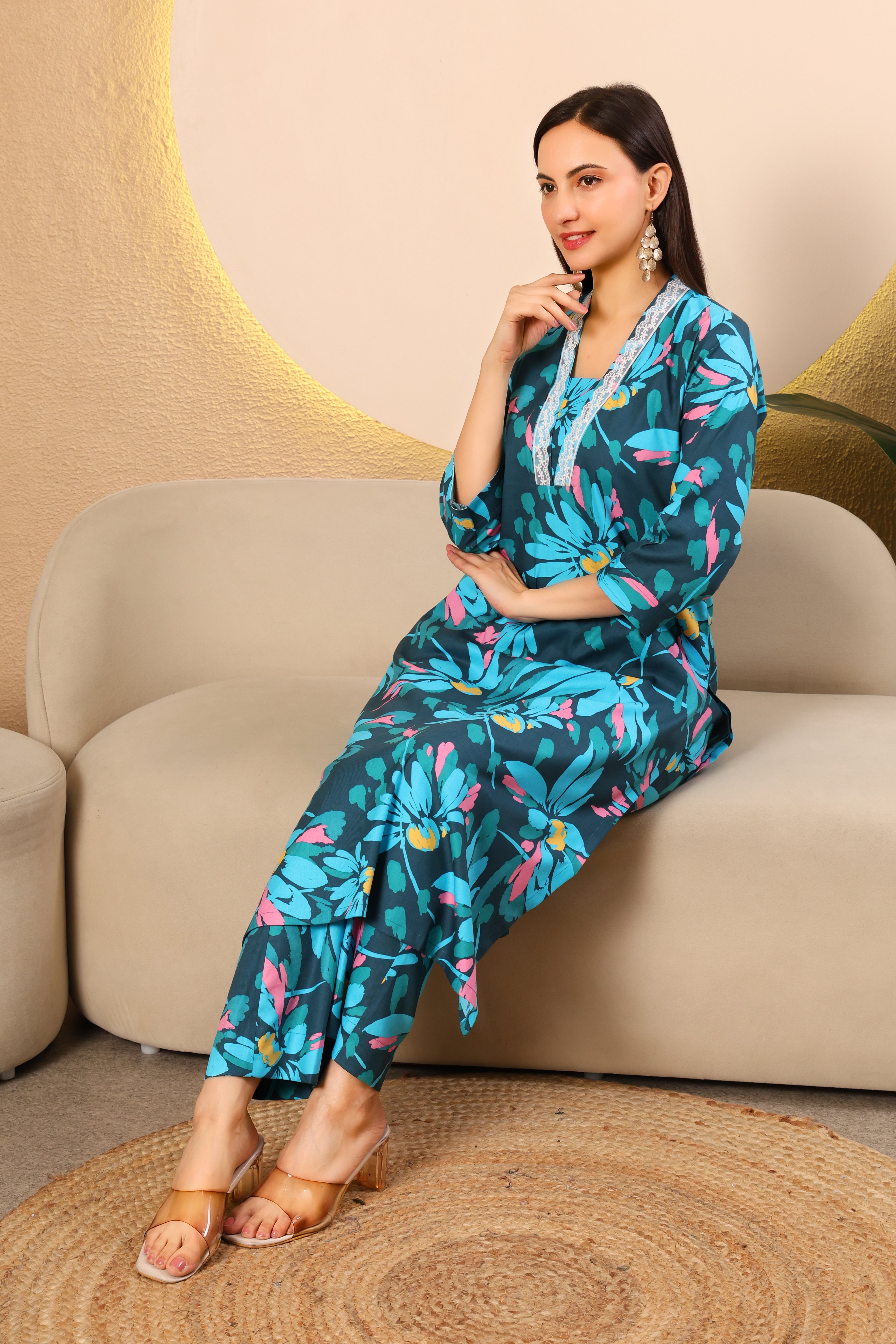 Teal Floral V-Neck Cotton Kurta Set