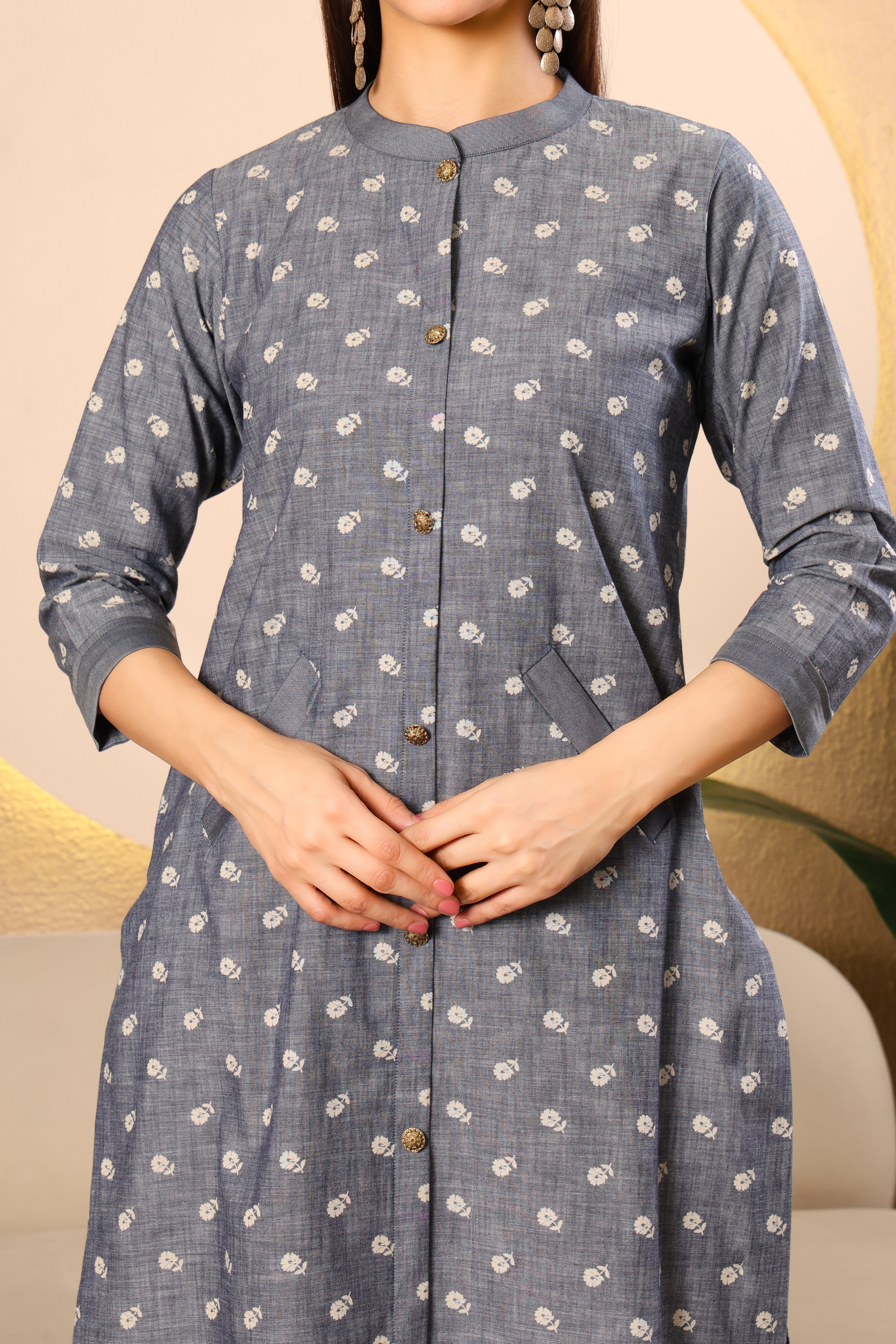 Grey Printed Denim Kurta Set