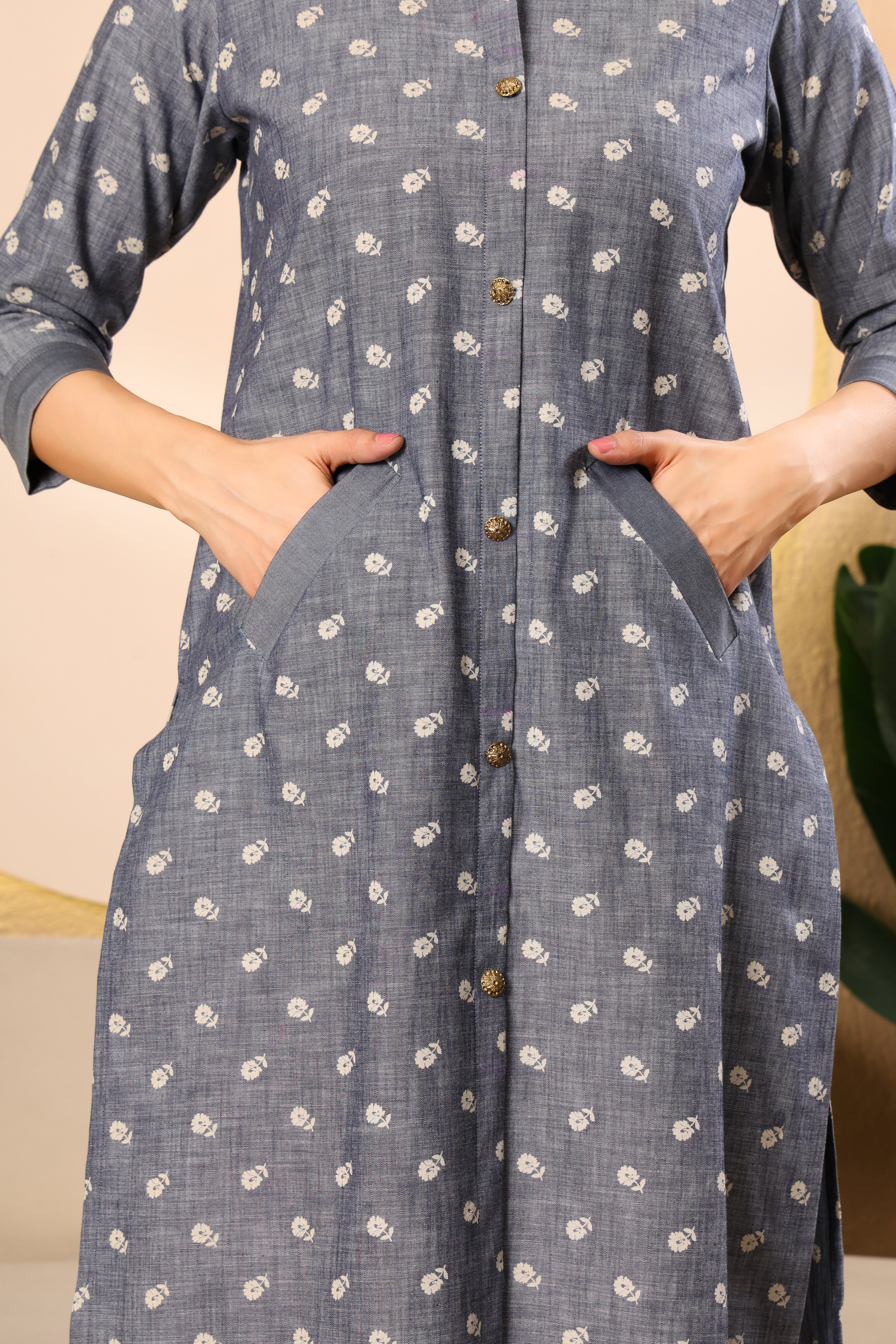 Grey Printed Denim Kurta Set