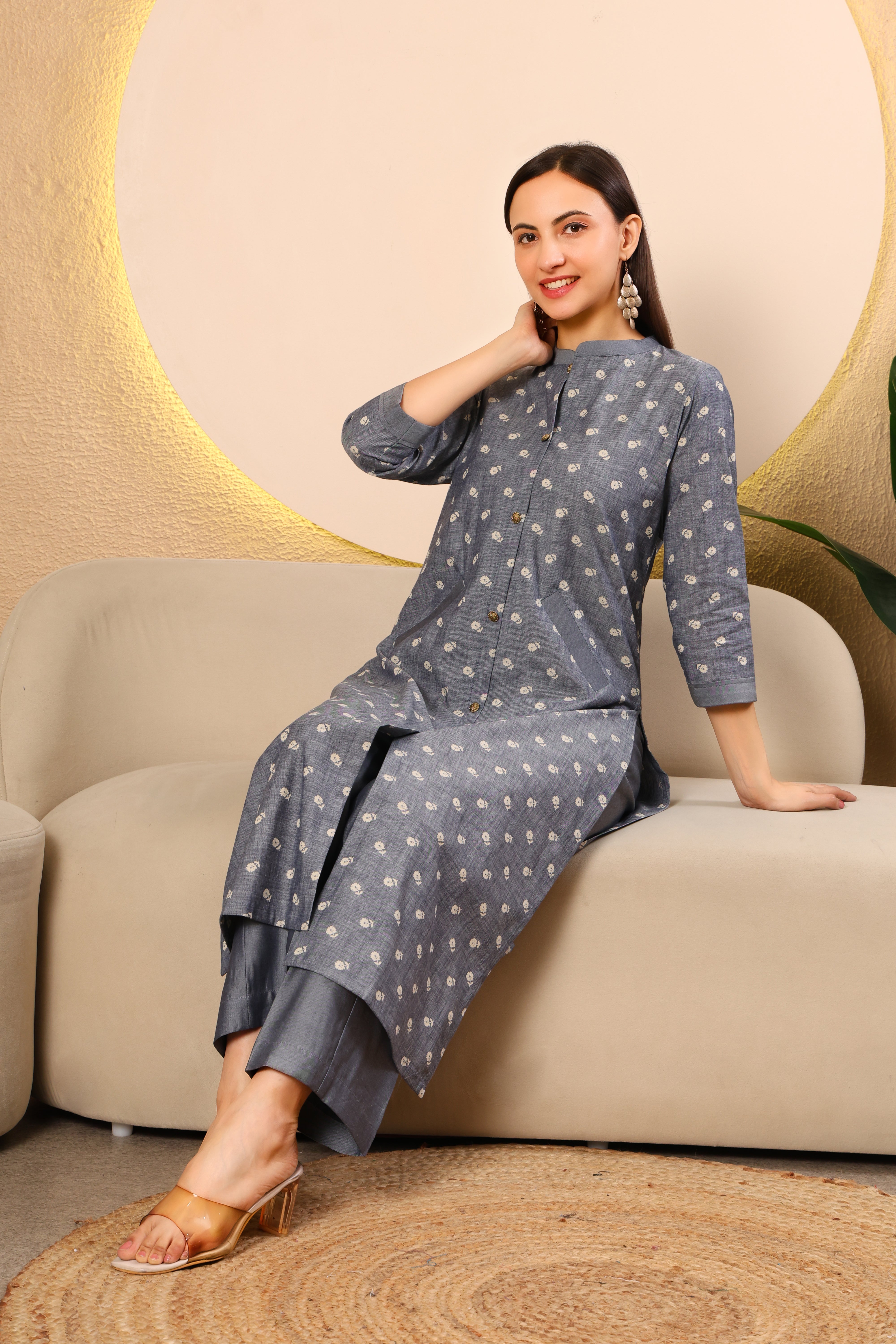 Grey Printed Denim Kurta Set