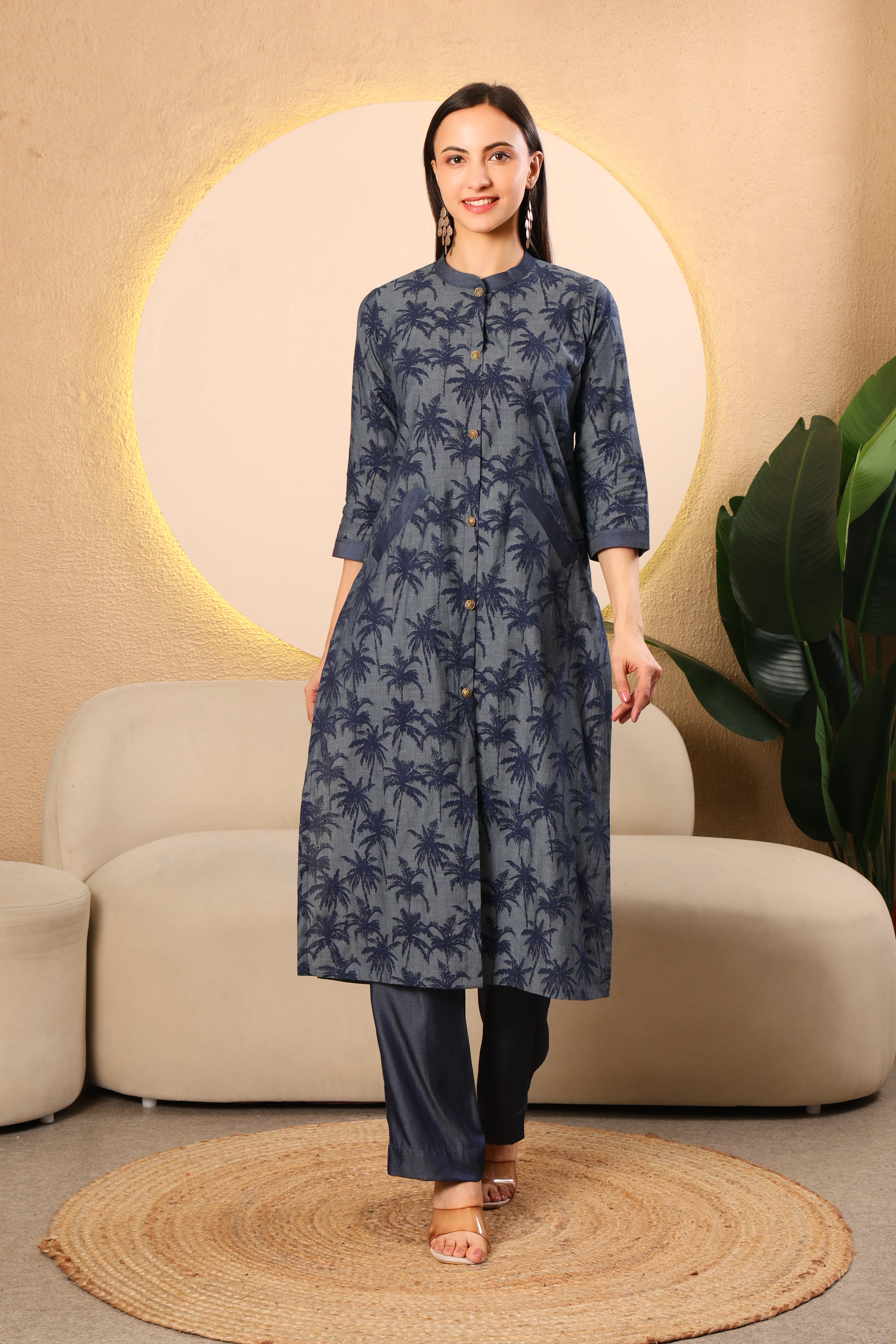 Navy Printed Denim Kurta Set