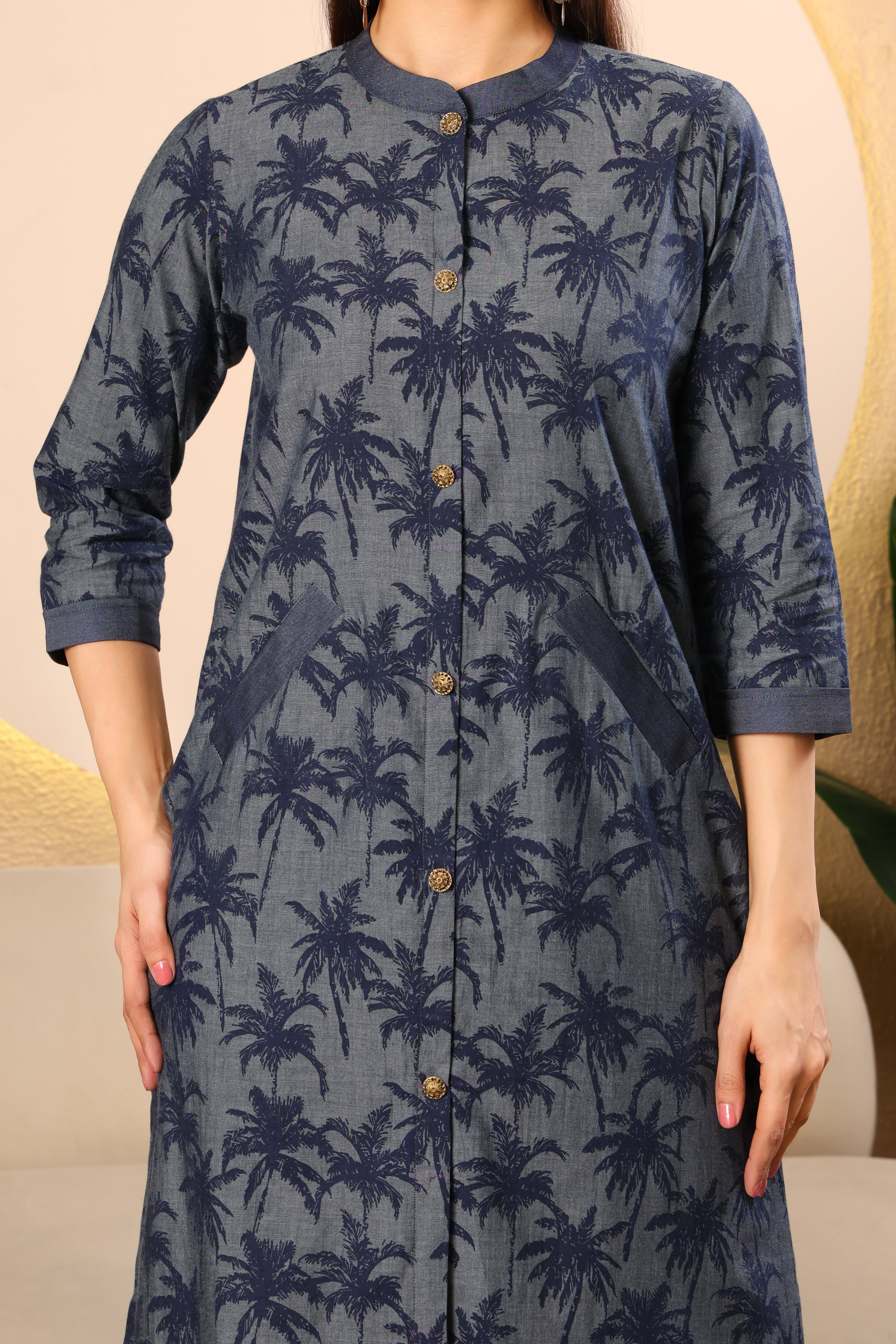 Navy Printed Denim Kurta Set