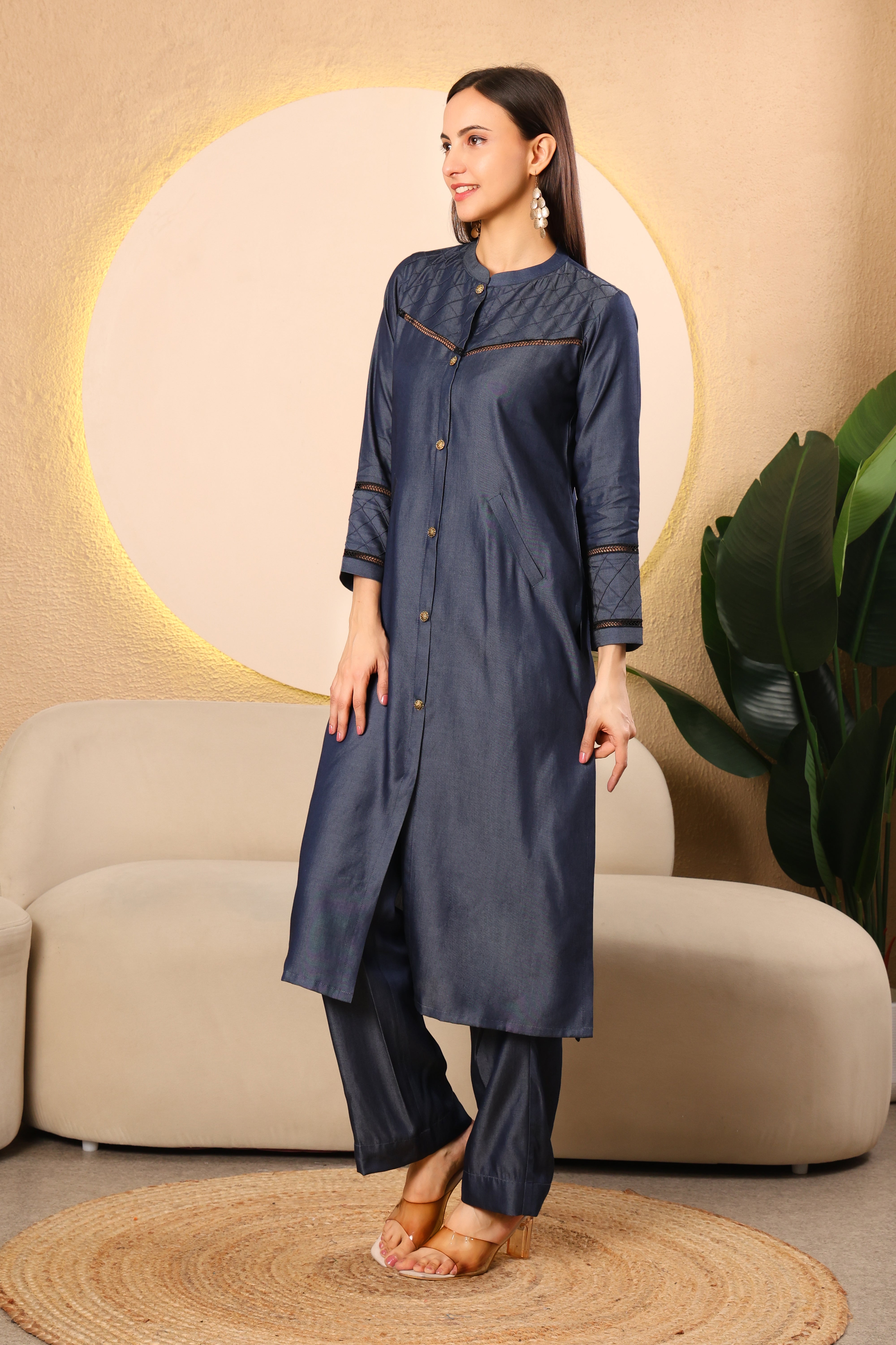 Navy Solid Denim Kurta Set