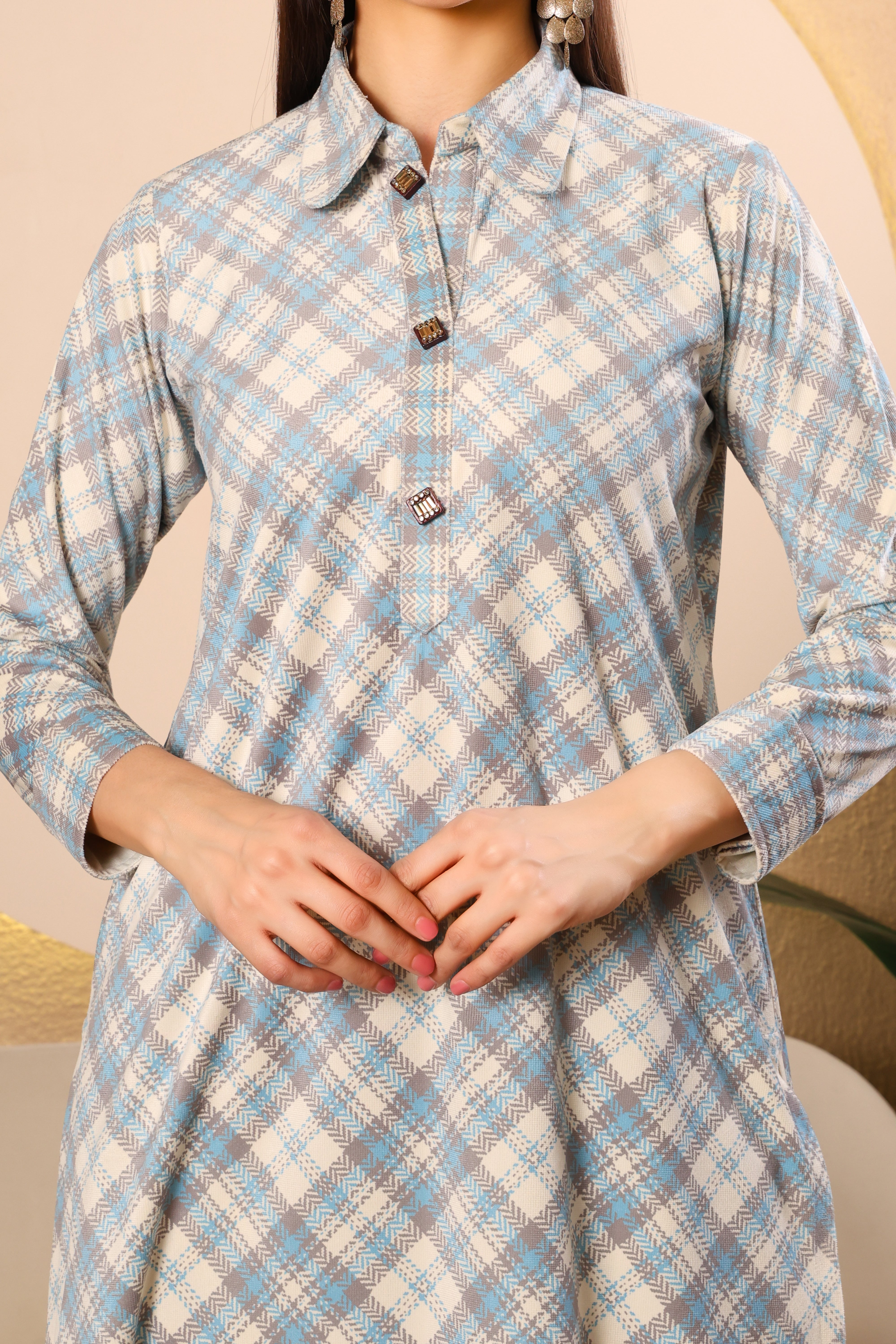 Pastel Blue Checked Cotrise Kurta Set