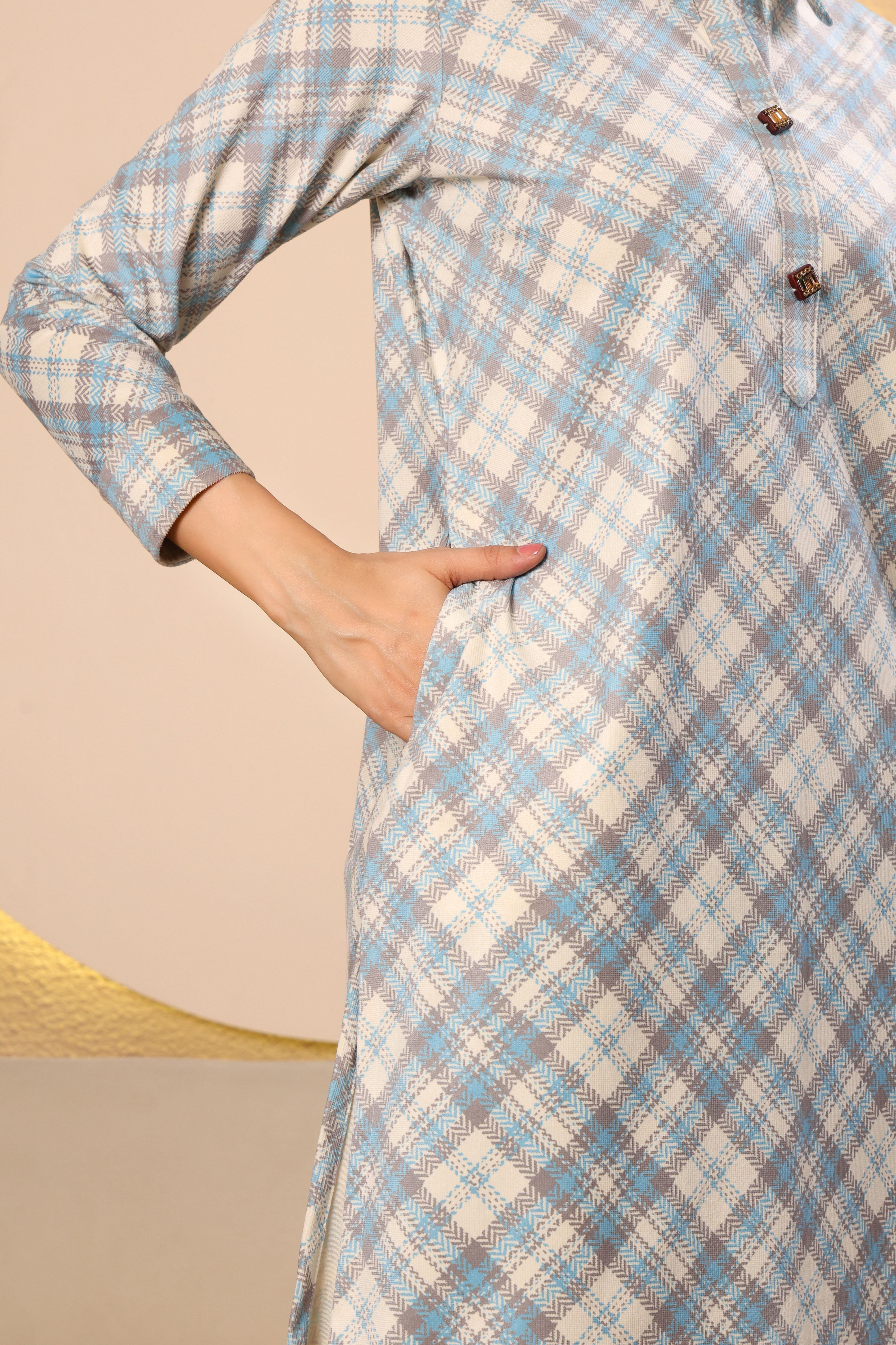 Pastel Blue Checked Cotrise Kurta Set